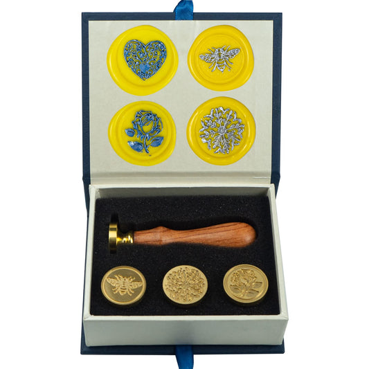Flower Wax Seal Stamp Set with 4 PCS Removable Brass Heads and 1 Wooden Handle - Retro Heart Rose Bee Flourishing Leaves Sealing Wax Stamp for Cards Invitations