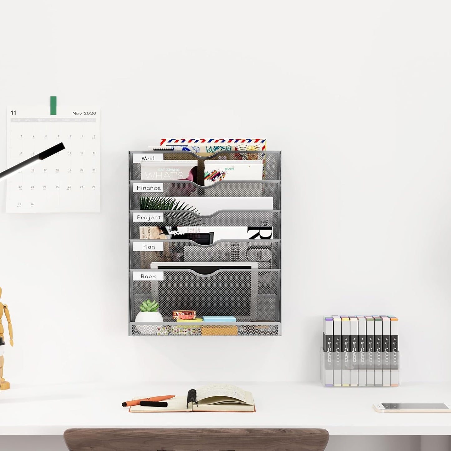 EasyPAG 5-Tier Wall File Holder, Mesh Hanging Folder Organizer with Classify Label, Versatile Desk File Organizer for Office Home, Vertical Wall Mounted Mail Sorter, Sides Closed, Silver