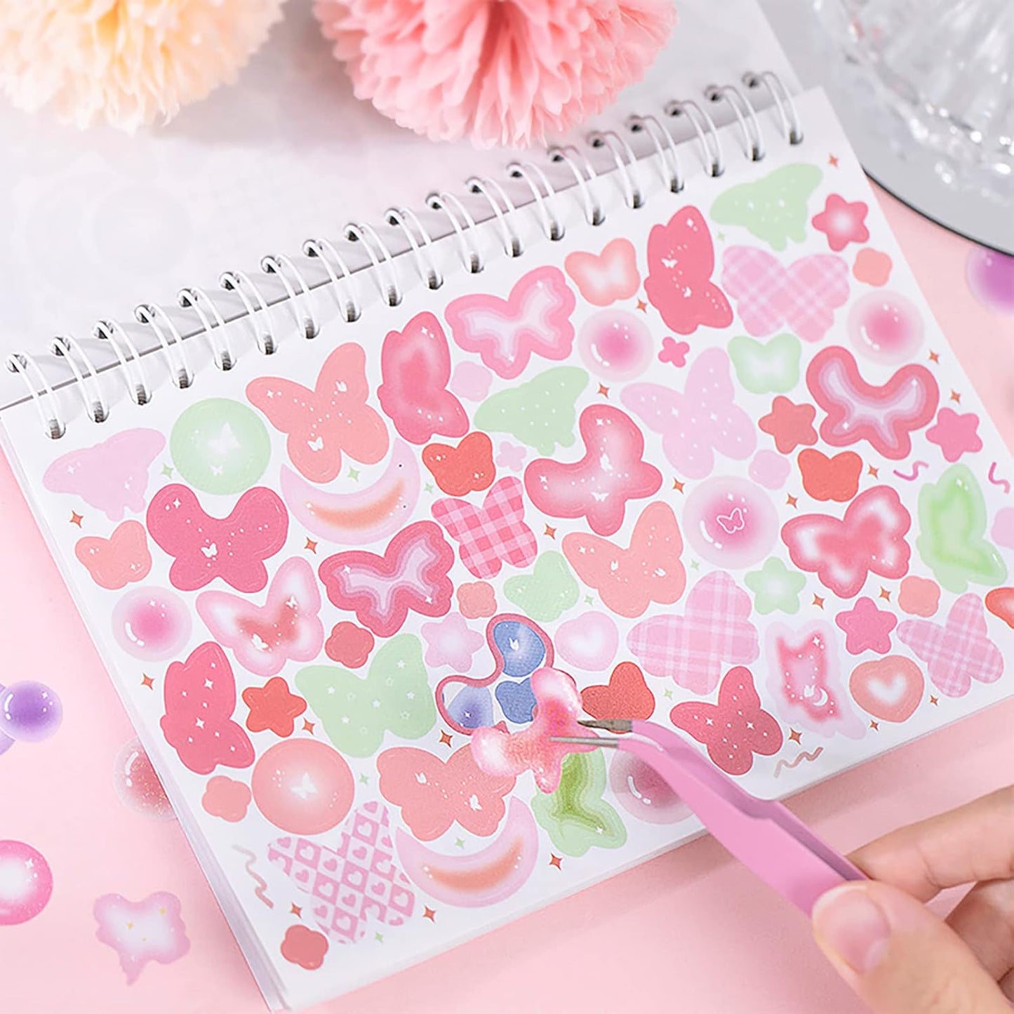 Doraking Colorful Sticker Book, 50 Sheets Shiny Love Bubble Heart Butterfly Ribbon Cute Stickers for Junk Journal Arts Craft Greeting Cards Scrapbook Supplies Home Decoration, DIY Deco Stickers (A)