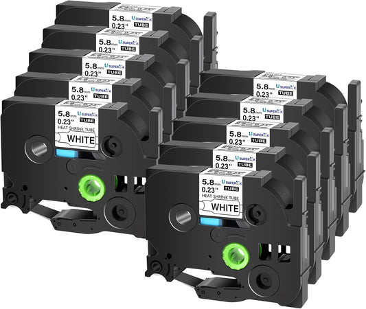 10PK Compatible for Ptouch HSe-211 HSe211 HS-211 HS211 Black on White 5.8mm 0.23'' Heat Shrink Tubing for Wire Cable for PT300 PT-300B PT310 PT310B PT320 Label Maker Tape