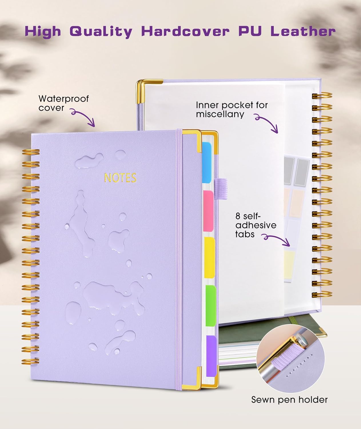 Hardcover Spiral Notebook journal with Removable Dividers Tabs, 300 Pages Leather 5 Subject Notebook College Ruled, 8"x10" Large B5 Notebooks for Work School Note taking,Lined Journal for Women,Purple