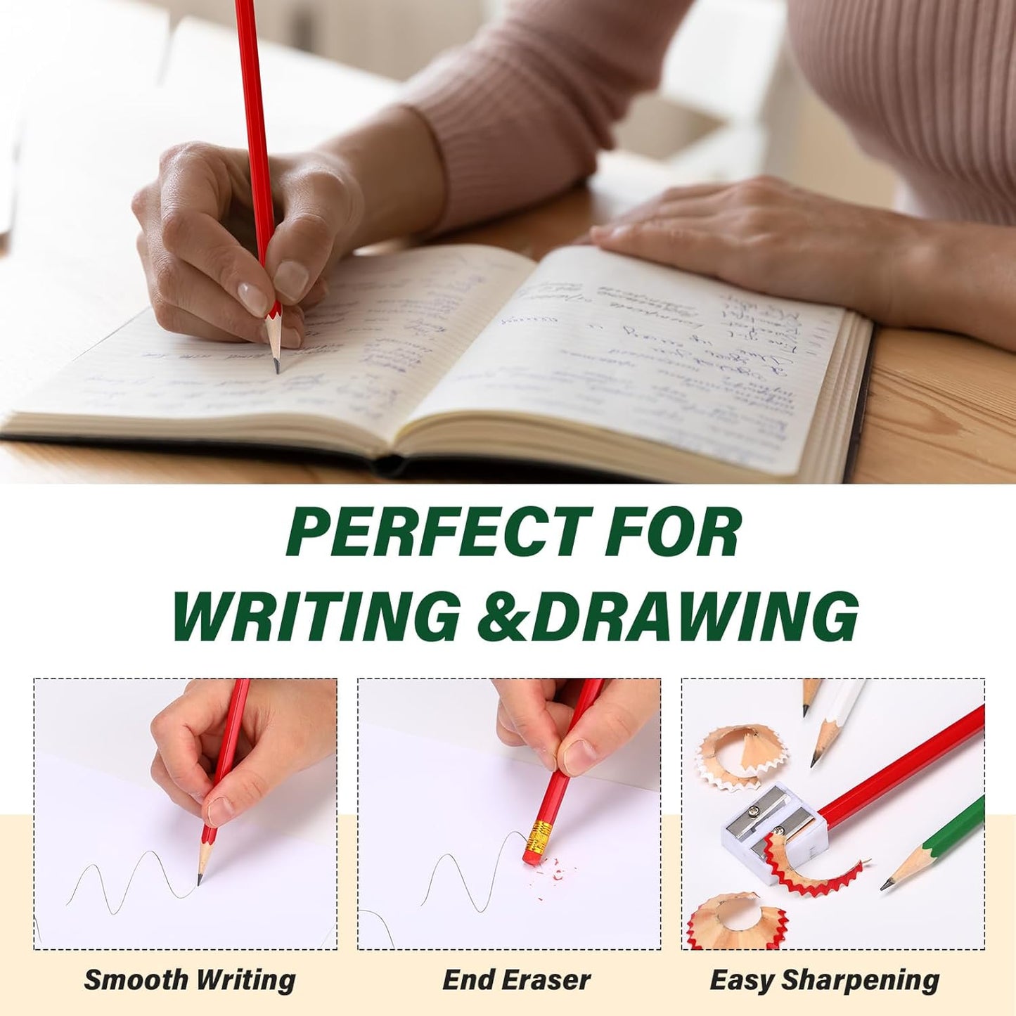 TecUnite 60 Pcs HB Pencils #2 Unsharpened Wood Cased Pencils with Eraser Hexagonal Pencil Cute Graphite No 2 Pen for Adults Gifts Exam School Office Sketching Learning(Red and Green, Gold)