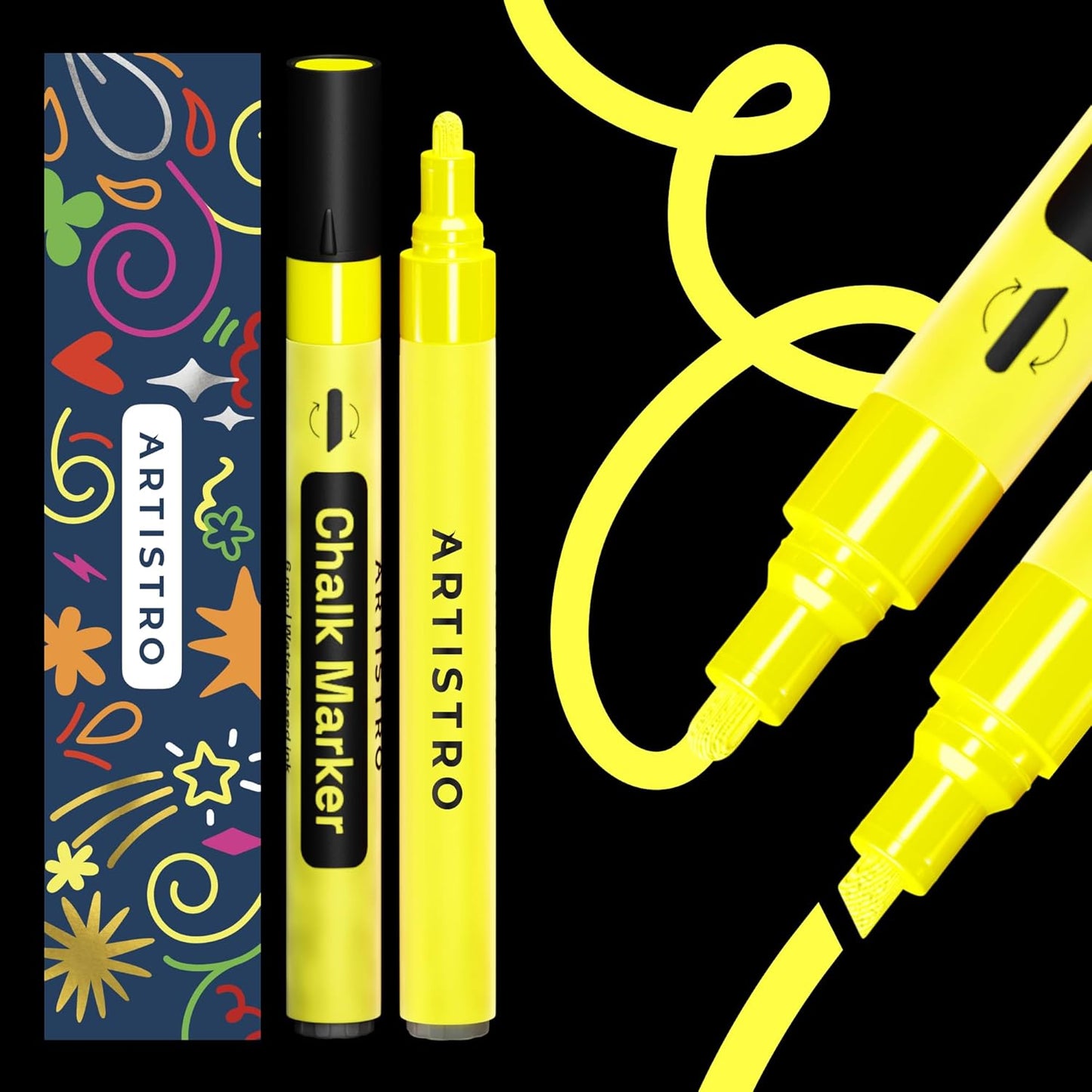 ARTISTRO 2 Yellow Liquid Chalk Markers - Erasable Chalk Pens with 6mm Reversible Tip for Blackboard, Chalkboard, Car Window, Glass - Ideal for China Markers, Restaurants & Bistro