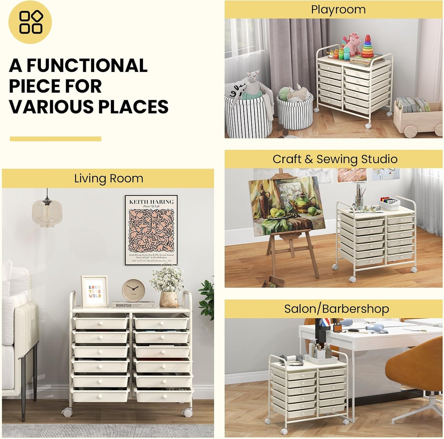 Giantex 12 Drawers Rolling Cart, Mobile Storage Drawer Cart, Classroom Organizer Cart for Office School Supplies Tools Scrapbook Paper Craft Small Printer, Utility Cart on Wheels, White