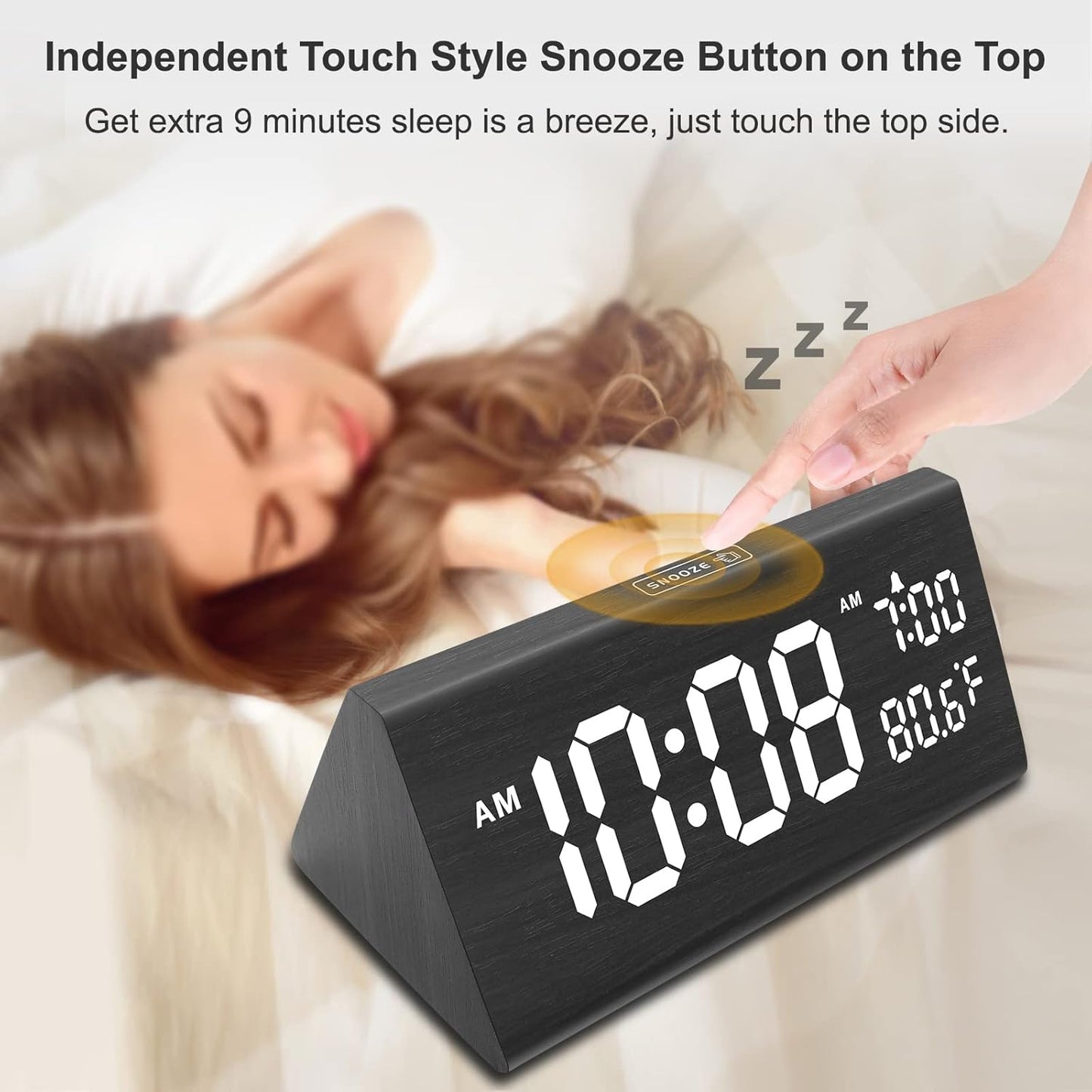 DreamSky Wooden Digital Alarm Clock for Bedroom - 7.7" Electric Clocks with USB Port, Large Numbers, Temperature, 0-100% Brightness Dimmer, Adjustable Alarm Volume, Snooze, 12/24H