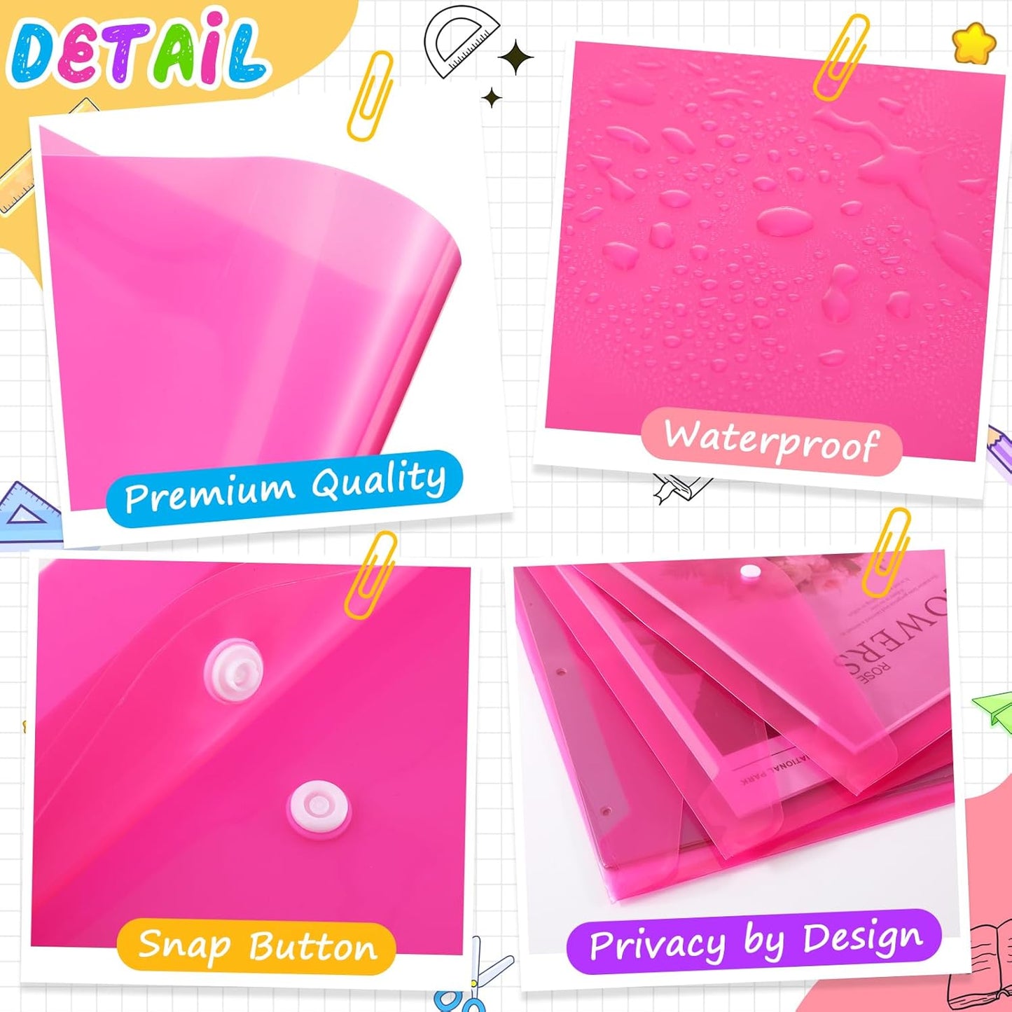 100 Pcs Clear Envelopes with Snap Button Closure Bulk A4 Letter Size Clear Plastic Envelope Folder Document Organizer File Folders for Office Home(Pink)