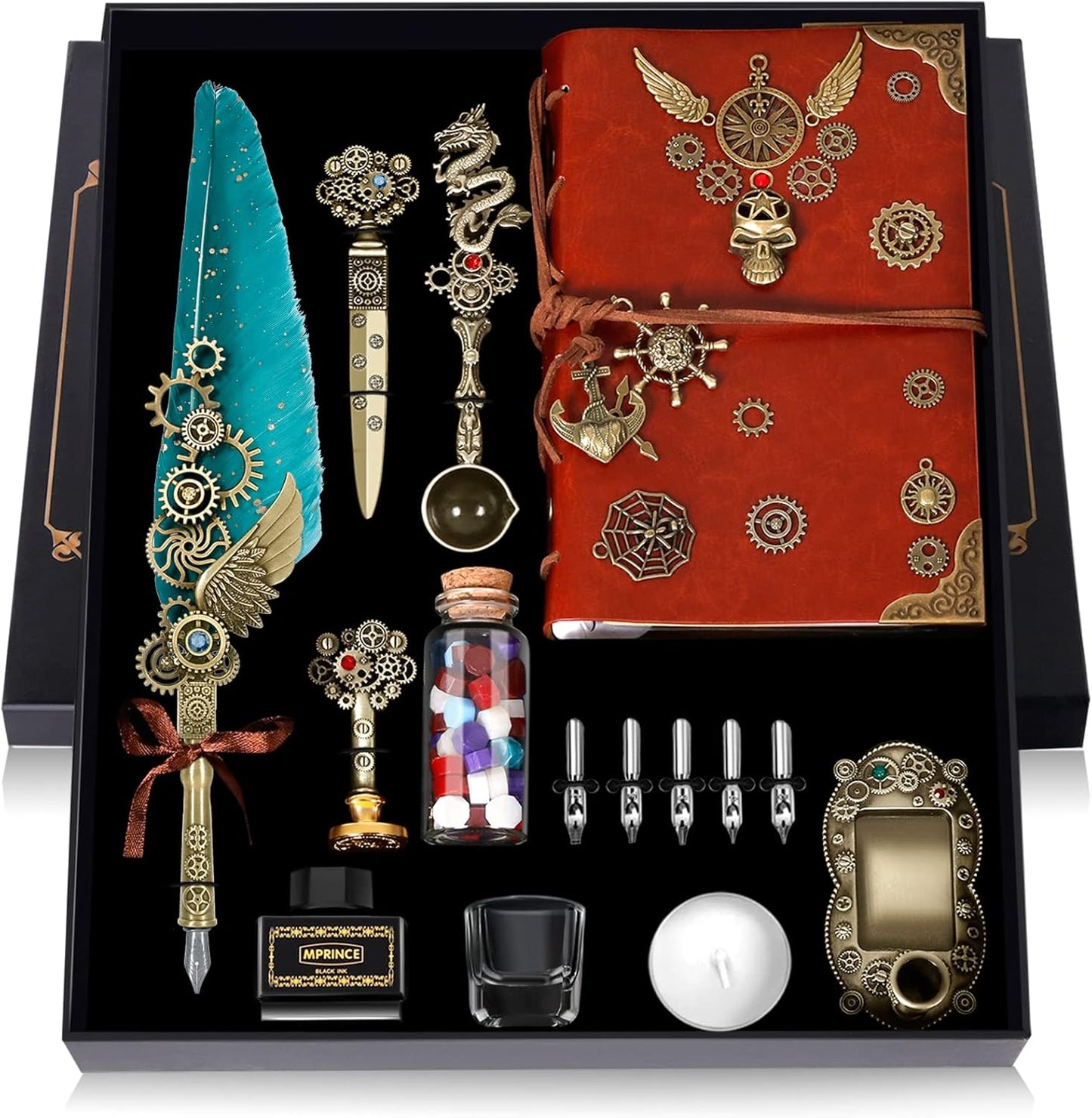 Aifeiter Quill Pen Ink Set Leather Notebook With Quill Pen,Notebook, 5 Replaceable Nibs,Seal Stamp,Spoon,Wax Beads,White Wax, Ink,Pen Holder,Cup,Envelope,Letter Paper,Envelope Tool(green)