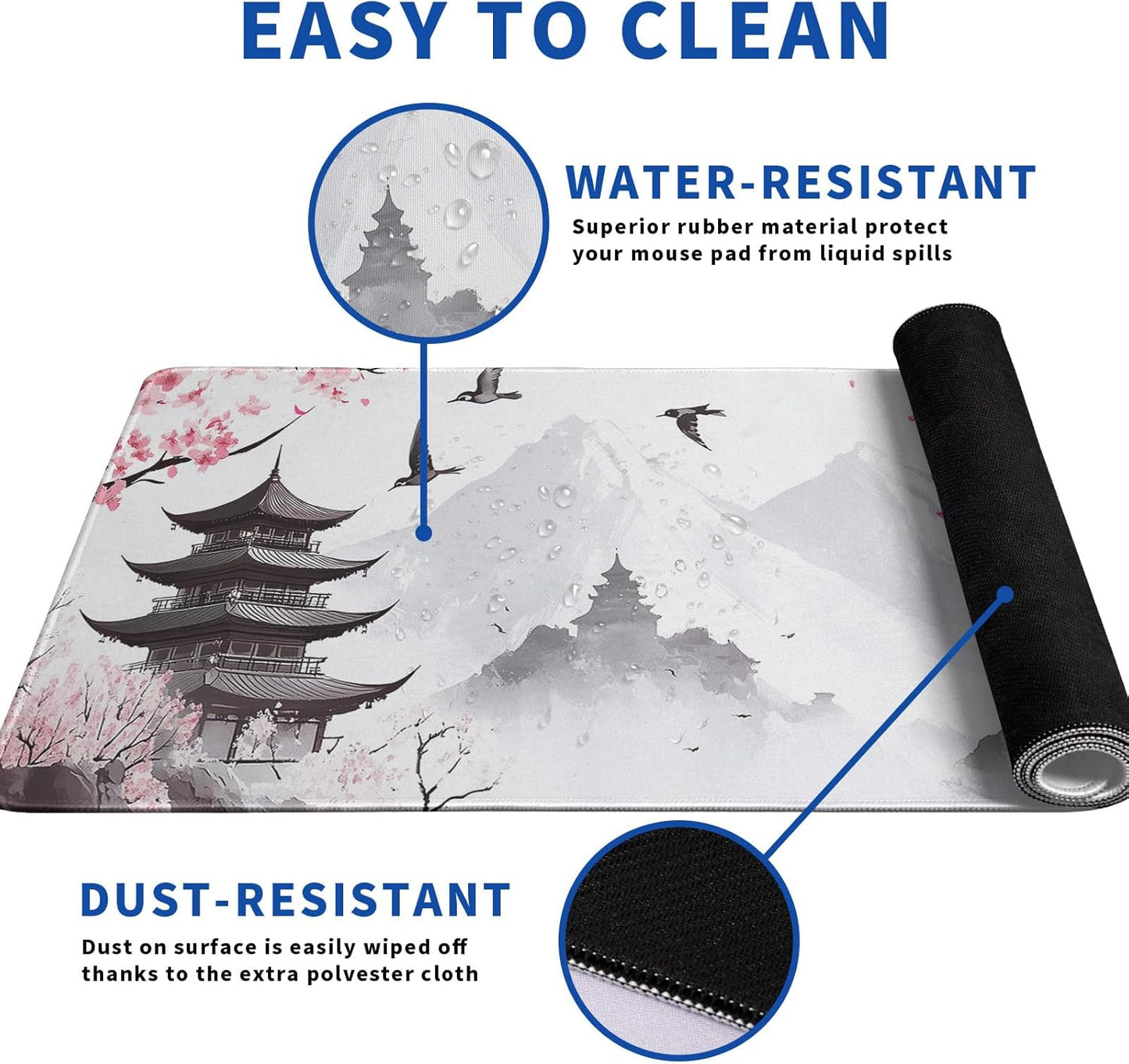 Retro Pagoda Cherry Blossom Watercolor Mouse Pad Abstract Big Mouse Pad 31.5x11.8 Inch Texture Non-Slip Rubber Base Large Mousepad Stitched Edges Keyboard Mouse Mat Desk Pad for Office and Home