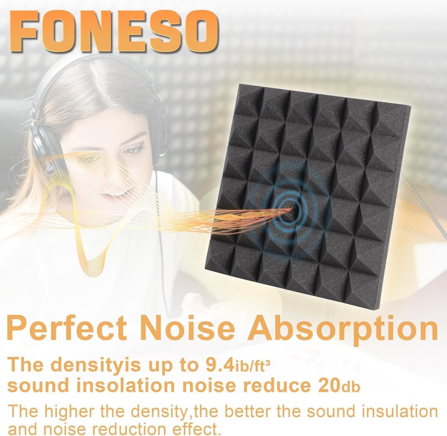 Foneso Acoustic Foam Panels 12Pack, 12''x12''x2'' High Density Sound Proof Foam Panels for Walls, Pyramid Designed Acoustic Panels Sound Absorbing for Sound Studio, Podcast Recording and Offices