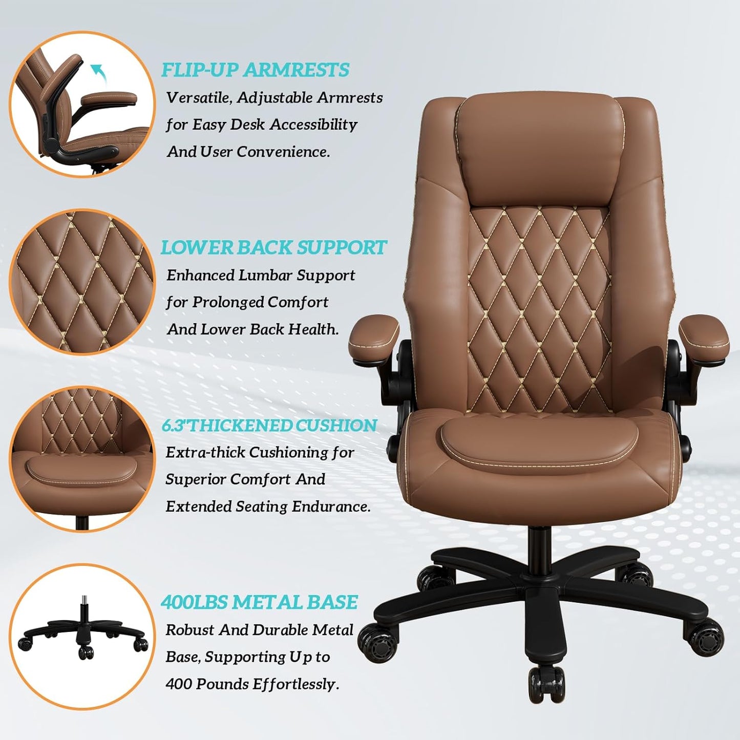 GYI O205P High Back Executive Office Chair, Big and Tall Office Chair 400LBS with Rubber Wheels,Ergonomic Adjustable Computer Desk Chairs with Padded Flip-up Armrests,Lumbar Support (Brown)