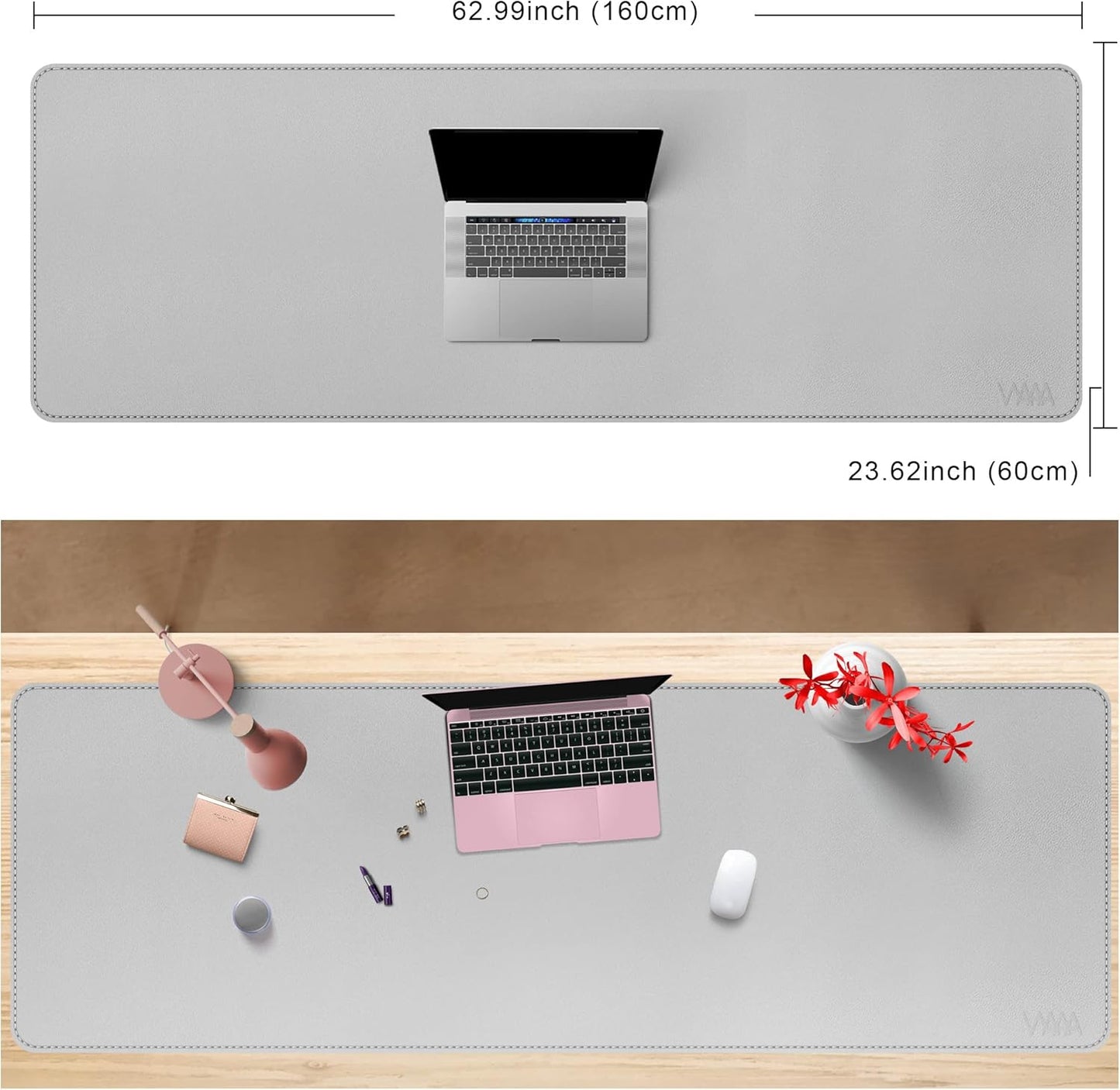 Desk Mat on top of Desks, Vyaaa 63" x 23.6" PU Leather Desk Mat, Large Desk Blotter Pad for Office, Home, Gaming, Computer, Laptop, Keyboard and Mouse - Light Gray
