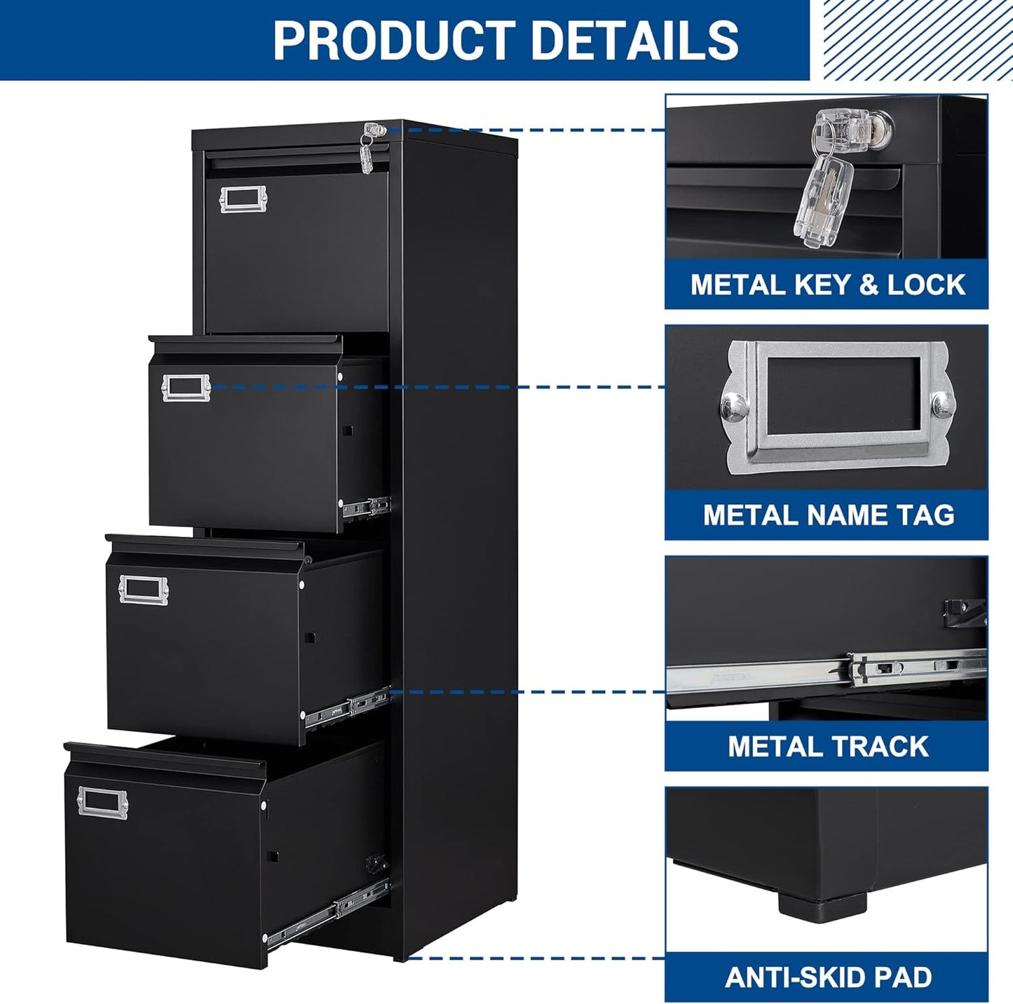 File Cabinet - 4 Drawers Vertical 17.8" Deep Lockable Filing Cabinet Black Metal Storage Cabinets for Home Office to Hanging Files Letter/Legal/F4/A4 Size