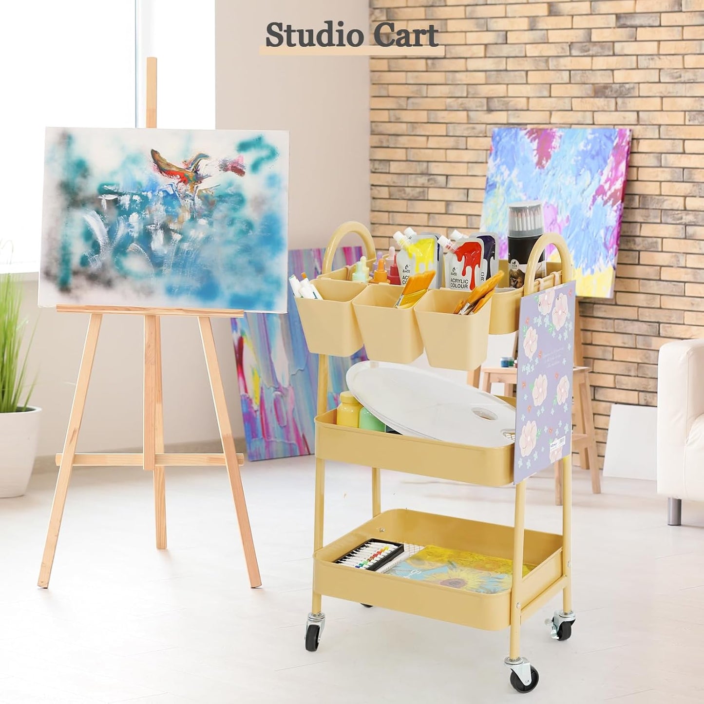 danpinera 3-Tier Rolling Cart, Metal Rolling Storage Cart with Lockable Wheels & Hanging Cups & Hooks, Mobile Trolley for Kitchen, Bathroom, Office, Workshop, Yellow