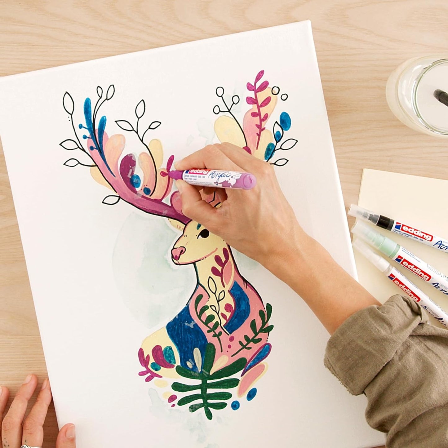 Edding Start Easy Set - Acrylic Paint Pens, Waterproof; Fine and Medium Nib, Incl. Postcard Pad - Set of 8 Pens - Nordic - For Canvas, Wood, Rock Painting