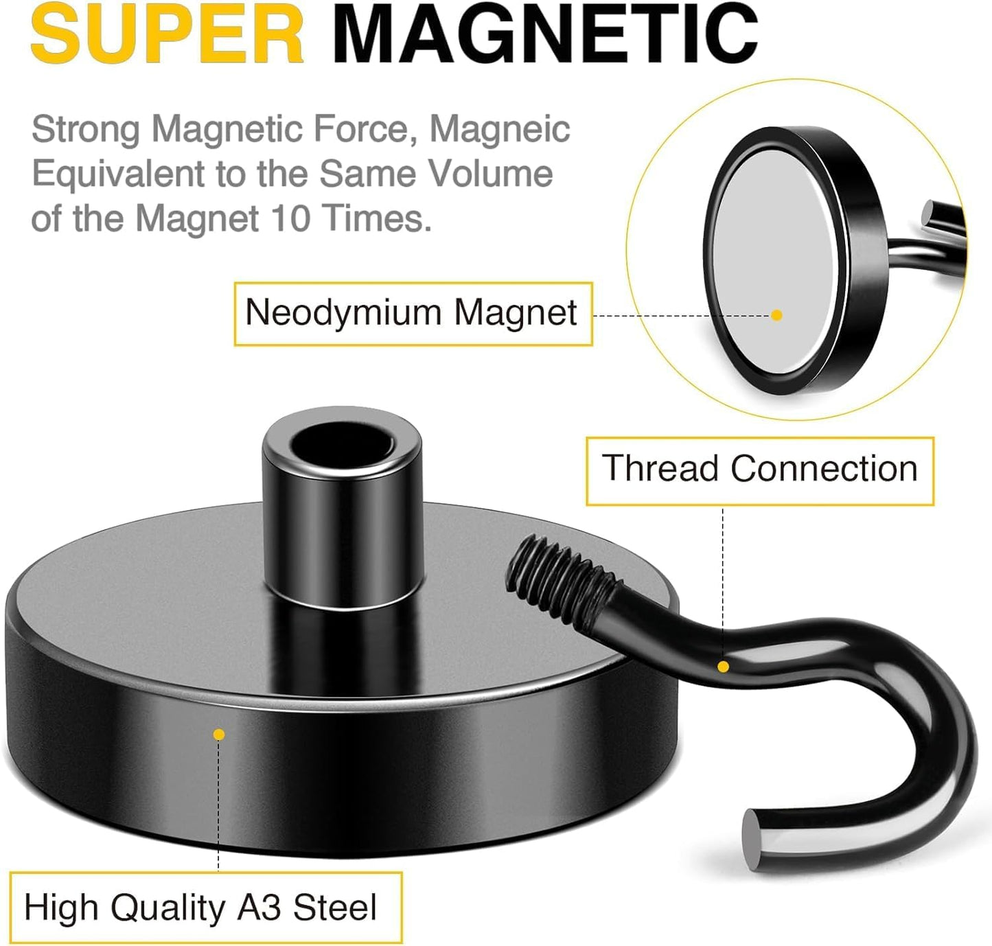 DIYMAG Black Magnetic Hooks, 118 LB Heavy Duty Strong Magnets with Hook, Rare Earth Neodymium Magnet for Cruise Cabins Ship Essentials 12 Packs
