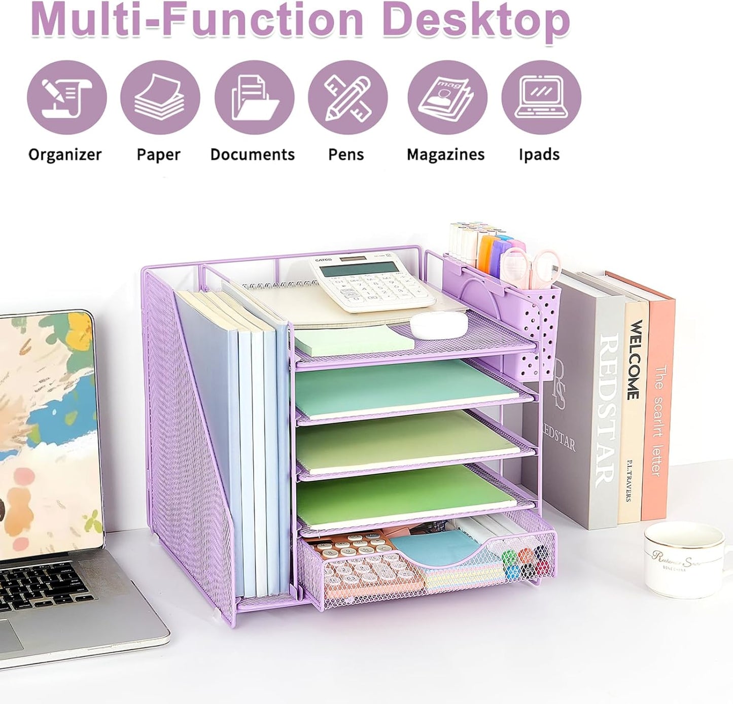 Desk Organizer with Drawer and Pen Holder, 5-Tier Paper Letter Tray Organizer with File Holder, Suitable for Workspace Organizer Office Supplies Storage (Purple)