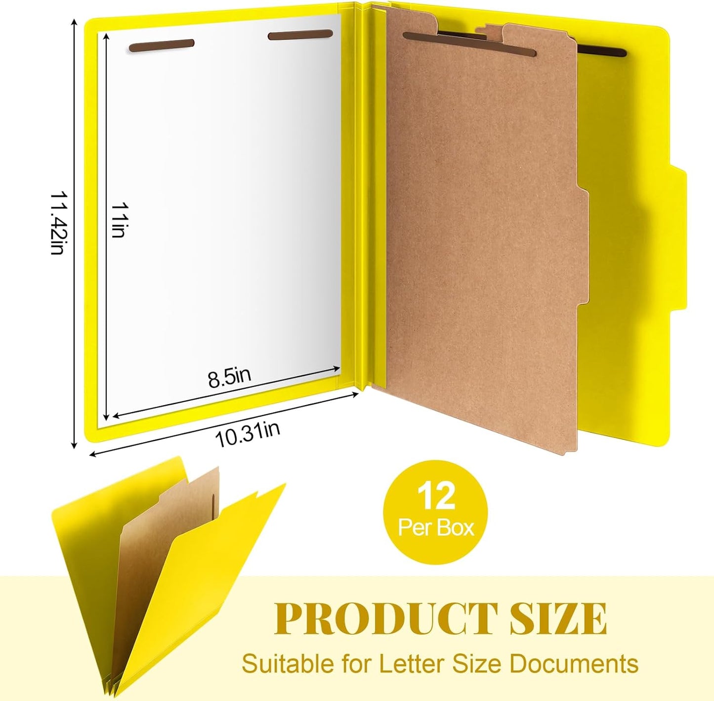 12 Pcs Classification Folders Letter Size, 1 Divider Pressboard File Folder with Fasteners, Expanding File Organizer Bulk for Teachers, Clergy, Office, Church, Christmas Donations (Yellow)