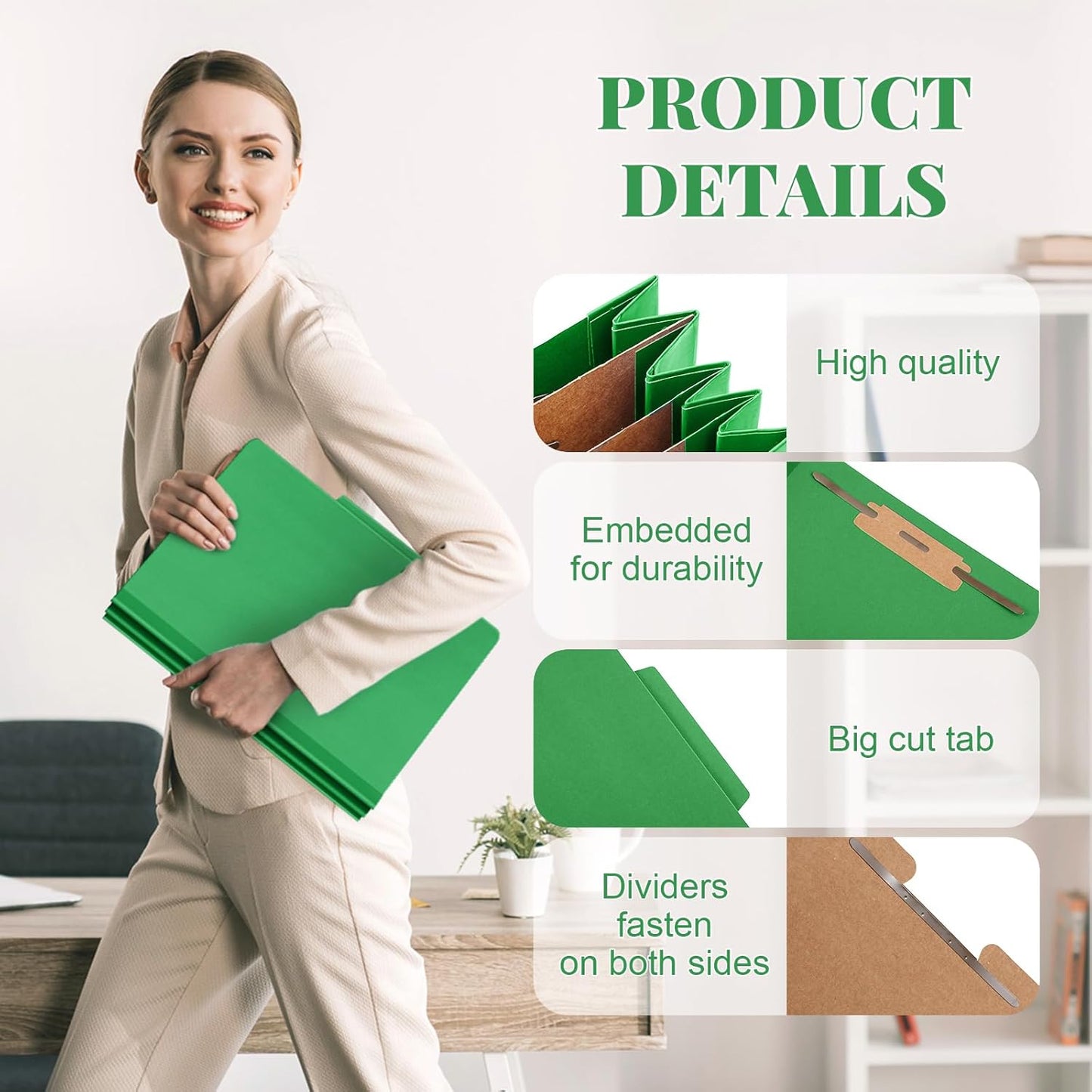 12 Pcs Classification Folders Letter Size, 3 Divider Pressboard File Folder with Fasteners, Expanding File Organizer Bulk for Teachers, Clergy, Office, Church, Christmas Donations (Green)