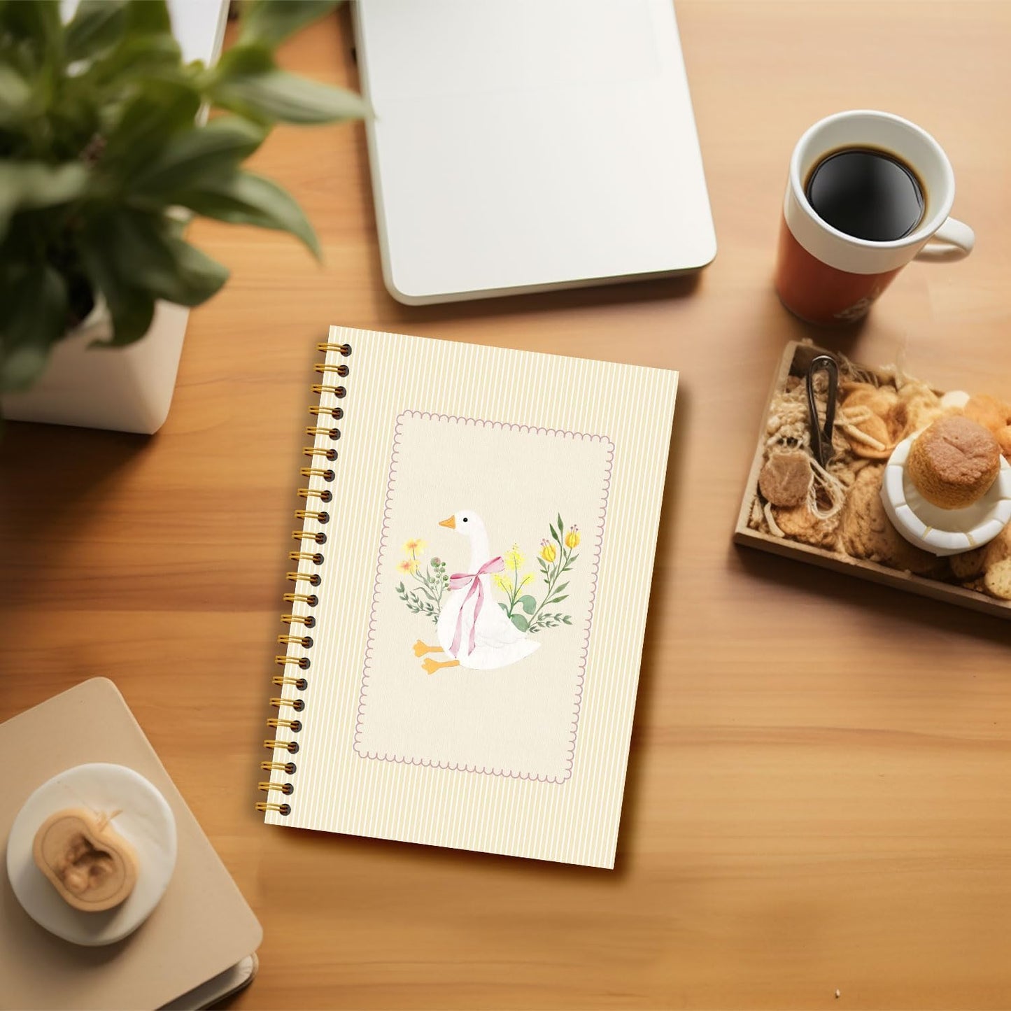 Guymn Light Beige Floral Goose Notebook, Preppy Pink Bow Goose Journal for Kids Girls, Geese Animal Lover Gifts Hardcover Spiral Notebooks Journals 5.5x8.3 Inch