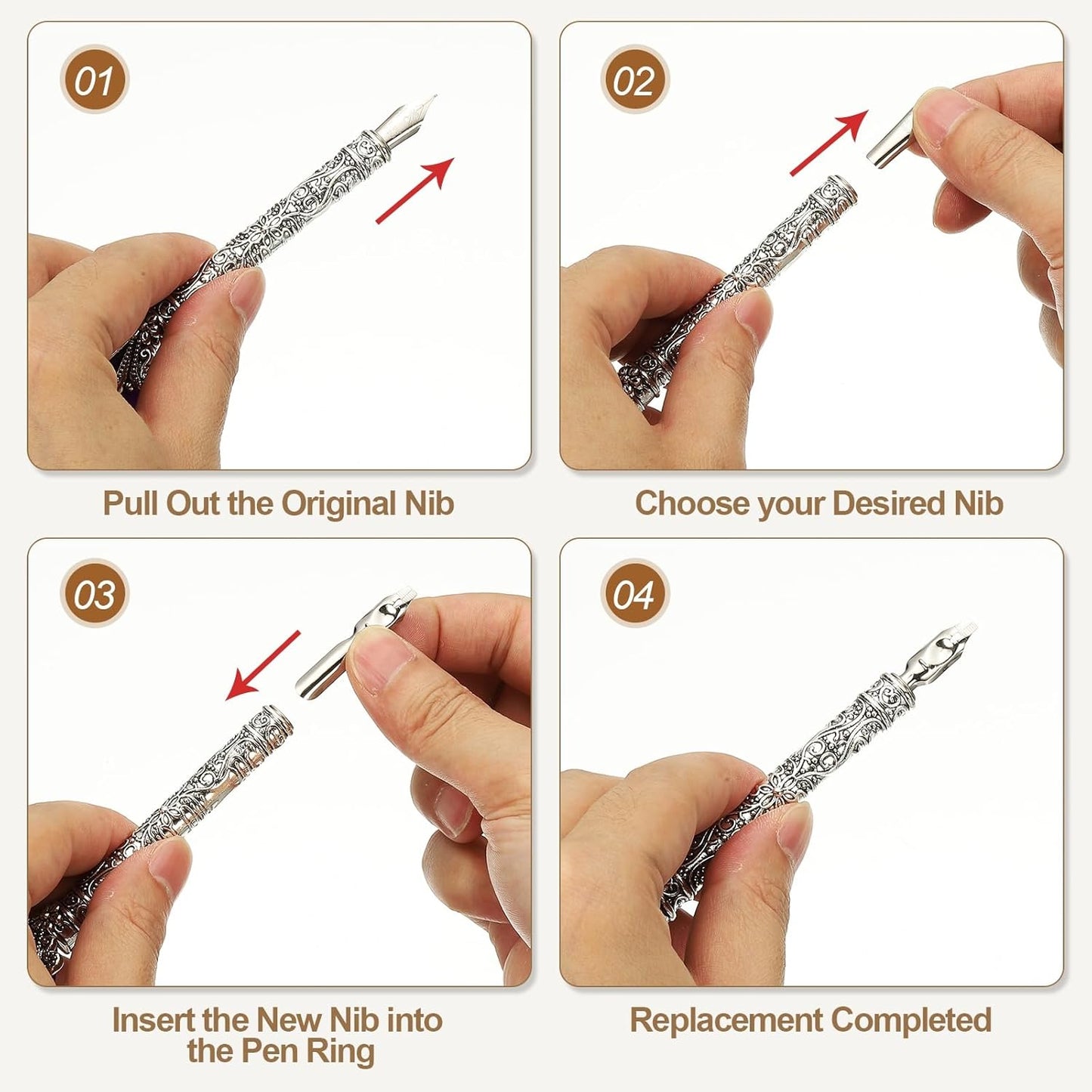 PATIKIL 26.5cm/10.4" Calligraphy Feather Quill Pen, Vintage Feather Dip Pen with 5 Replacement Nibs for Calligraphy Writing Wedding Office Gifts, Rose Red