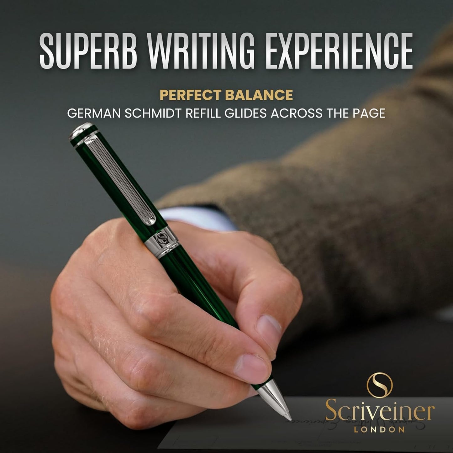 Scriveiner Green Ballpoint Pen - Stunning British Racing Green Luxury Pen, Chrome Finish, Schmidt Black Refill, Best Ball Pen Gift Set for Men & Women, Professional Executive Office, Nice Designer Pen