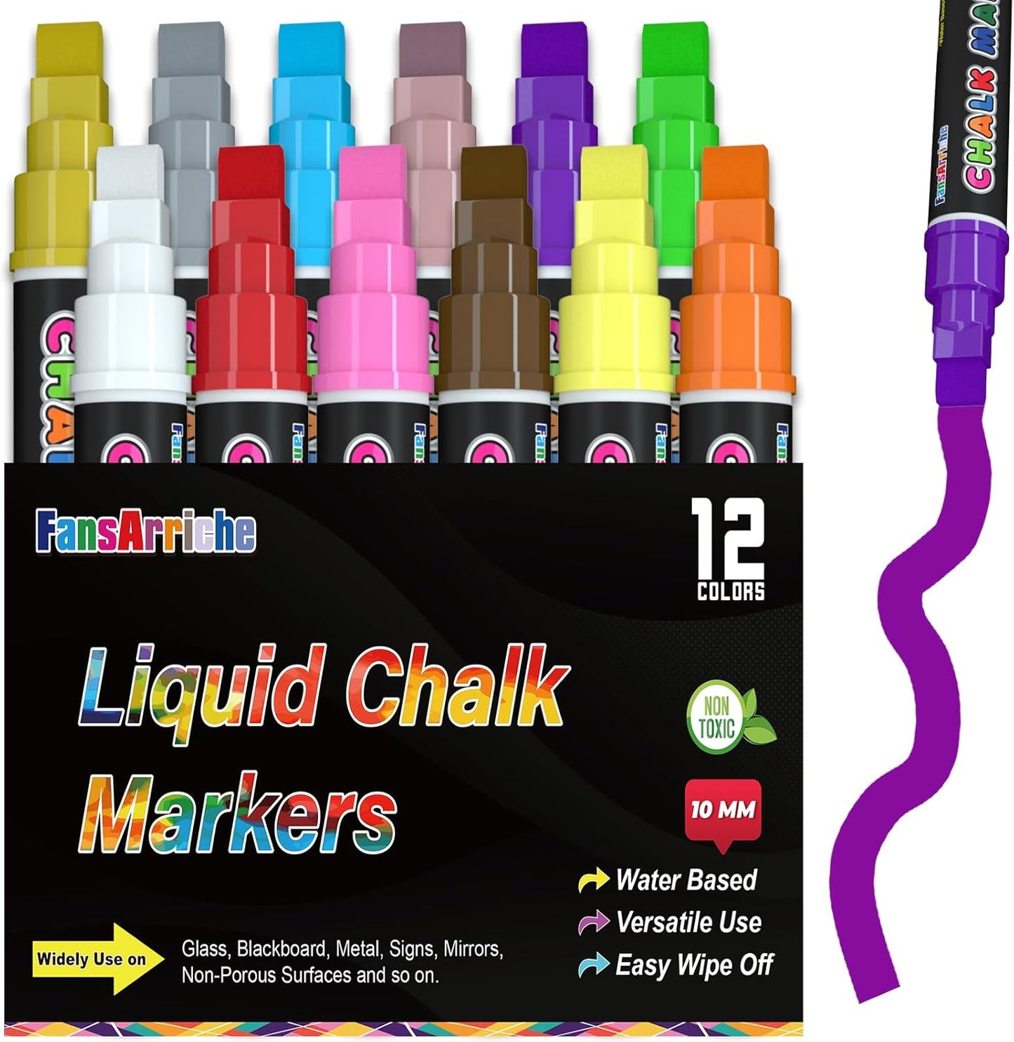 FansArriche Liquid Chalk Markers, 12 colors 10mm Erasable Marker Pens, Washable Window Markers For Glass, Blackboard, Bistro Menu, Car Windows, Mirrors, Labels, 3 In 1 large nib