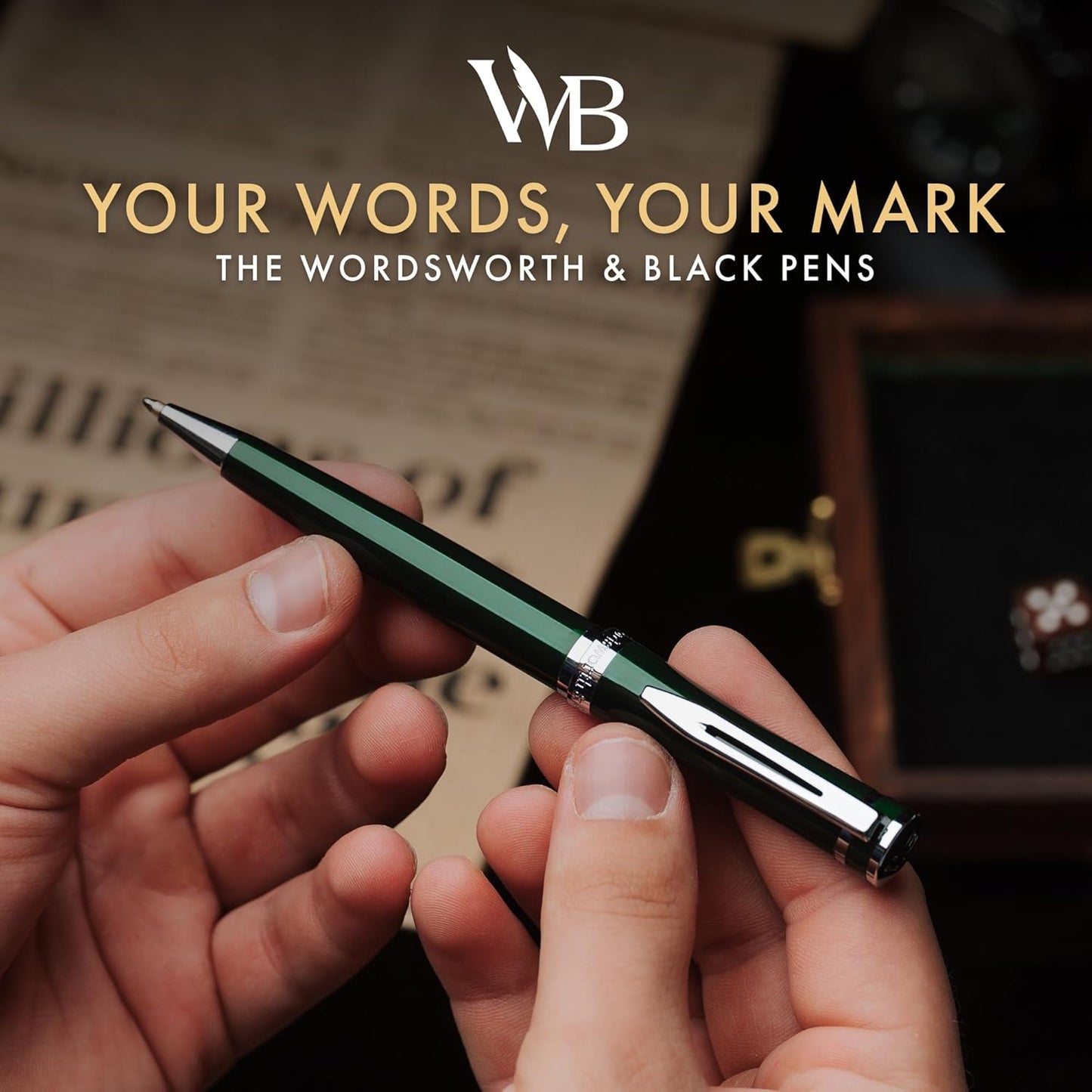 Wordsworth and Black Ballpoint Pen Green Lacquer- Stunning Luxury Pen Chrome Finish, Ink Refill, Best Gift Set for Men & Women, Refillable, Elegant, Nice Pens, Fine Point
