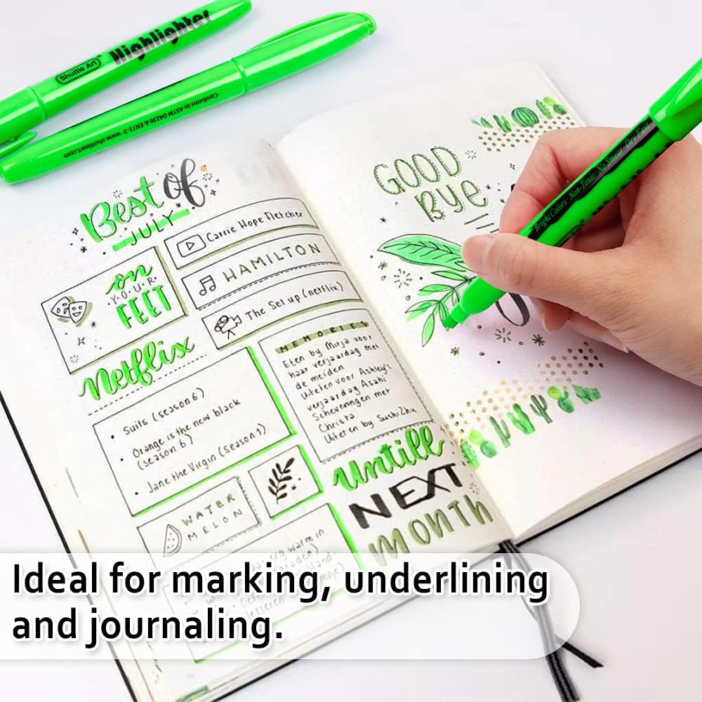 Shuttle Art Highlighters, 30 Pack Green Highlighters Bright Colors, Chisel Tip Dry-Quickly Non-Toxic Highlighter Markers for Adults Kids Highlighting in Home School Office