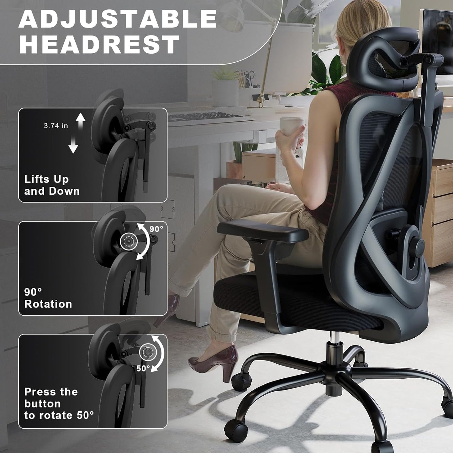 Ergonomic Office Chairs with Adjustable Headrest and Lumbar Support, High Back Mesh Home Computer Desk Chairs with 3D Armrest, 360° Swivel Wheels and Rocking Function, Black