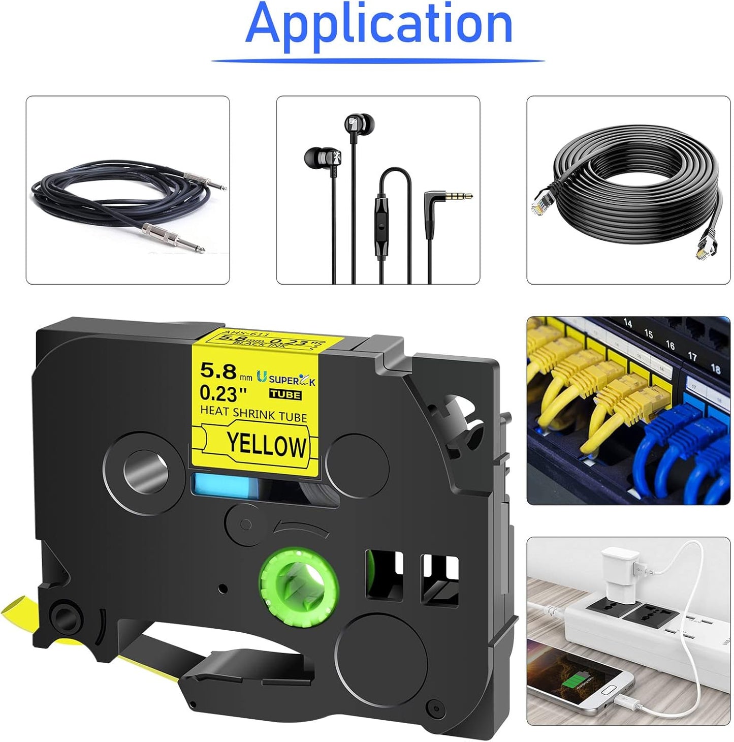 10PK Compatible for Ptouch HSe-611 HSe611 HS-611 HS611 Black on Yellow 5.8mm 0.23'' Heat Shrink Tubing for Wire Cable for PT300 PT-300B PT310 PT310B PT320 Label Maker Tape