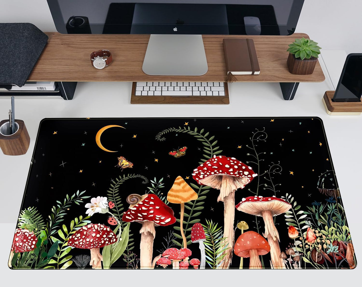 Ferns Leaves Cute Mushrooms Desk Mat Kawaii Green Plants Mouse Pad Xl Mat Large Gaming Desk Pad For Desk Decor Laptop Computer Keyboard Pad Desk Home Office For Women With Stitched Rounds 31.5x15.7 In