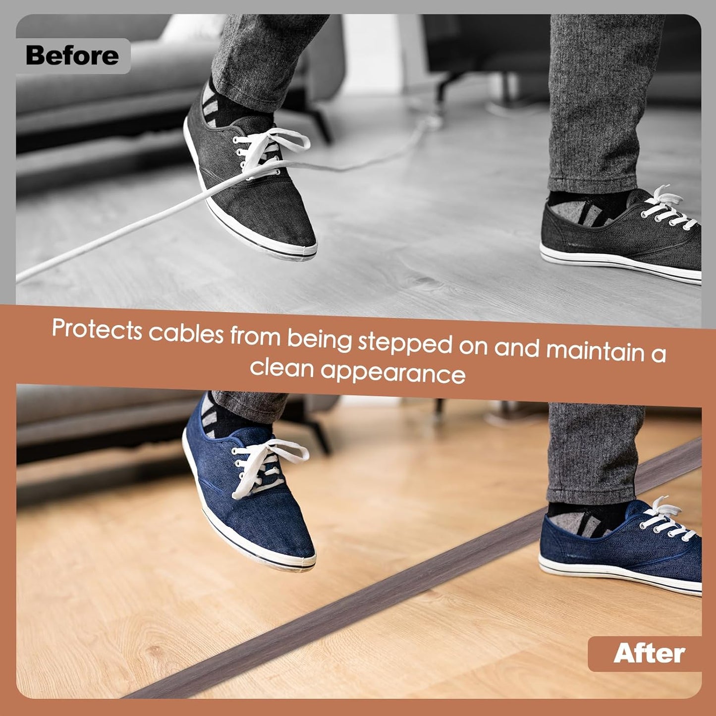 Floor Cord Cover for Wires on Floor Self Adhesive Cord Hider Floor Cable Management Wire Covers for Cords Protector Prevent Cable Trips Cord Cavity W 0.47" x H 0.27", Grayish Brown Wood, 3.3Ft