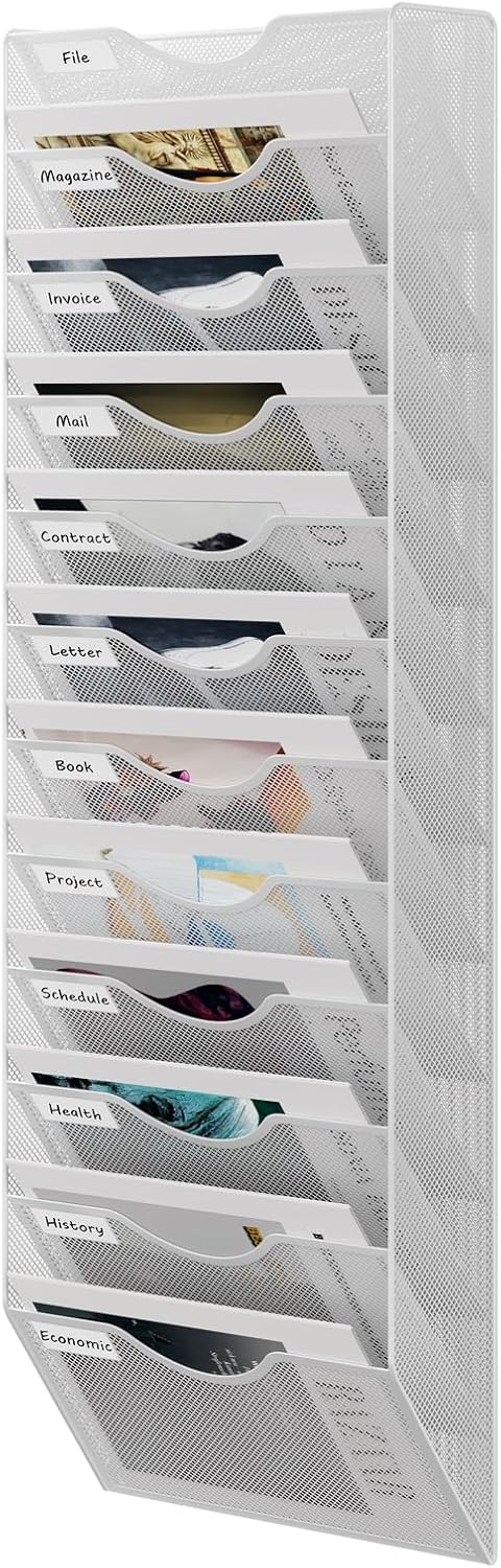 12 Tier Hanging Wall File Holder, Metal A4 Wall Mounted Document Holder, Vertical Hanging Mail Organizer, Magazine Storage Rack for Office Home Classroom, White