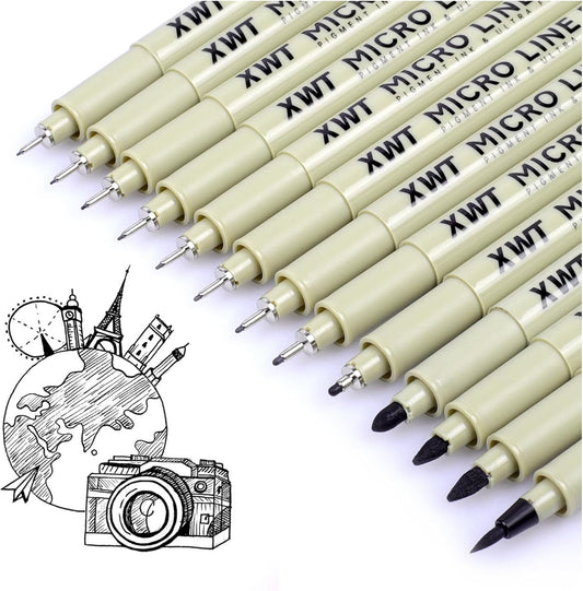 12+1 Fineliner Drawing Art Pens, Black Waterproof Pigment Ink Set for Artists, Sketching, Manga, Watercolor, Calligraphy, and Detail Outlining Archival Quality Inking Markers
