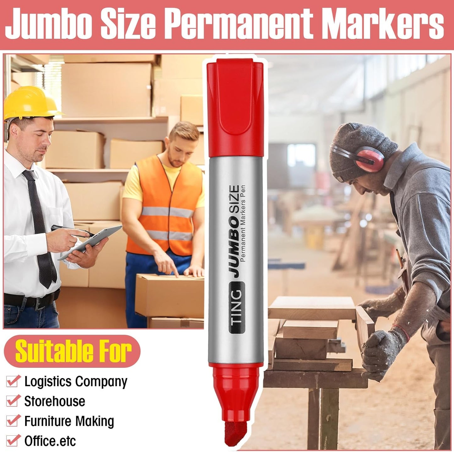 Fuutreo 10 Pack Jumbo Permanent Markers Bulk Large Chisel Tip Permanent Markers Quick Drying Waterproof Big Huge Poster Pens for Office, Logistics Company and More(Red)