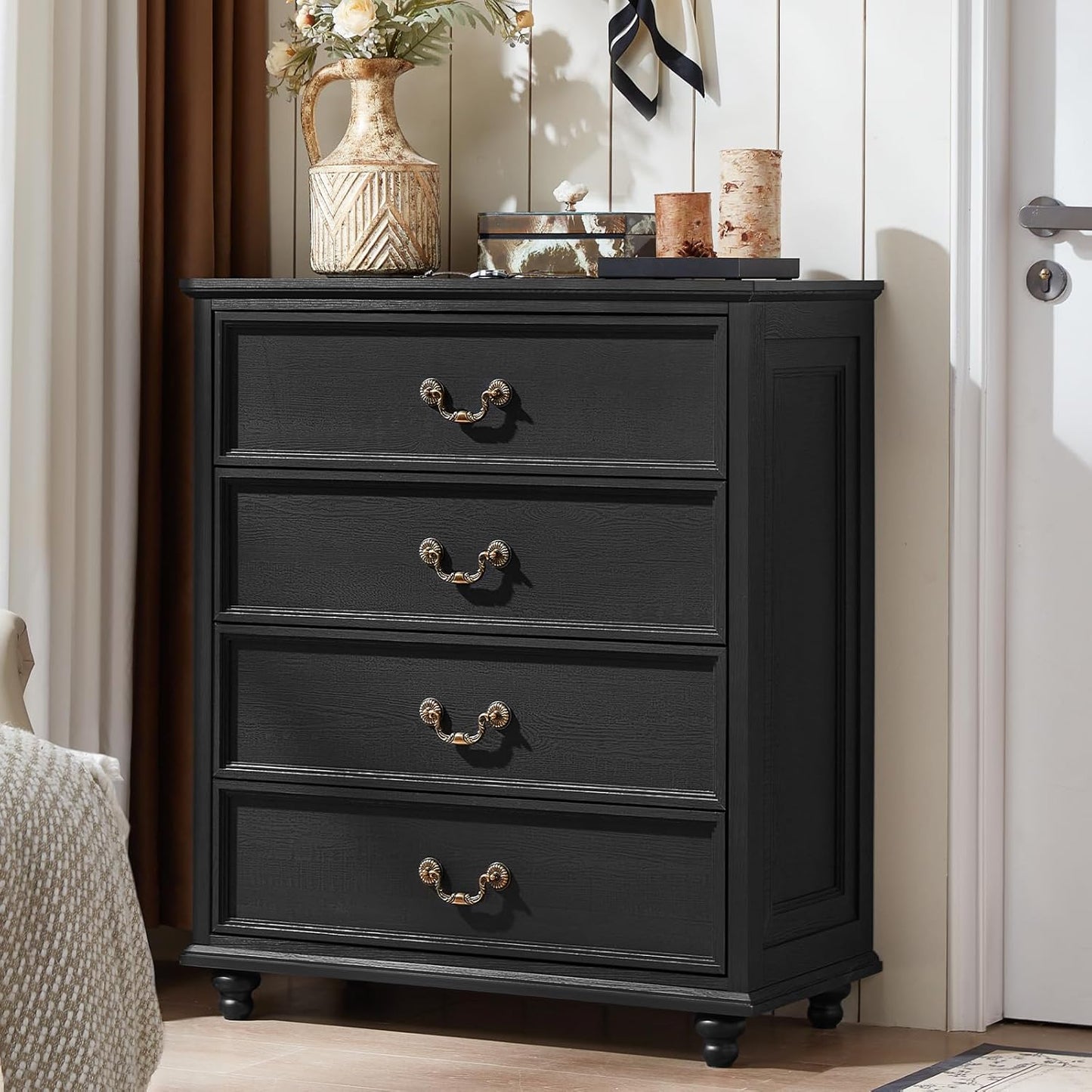 Farmhouse 4 Drawer Dresser for Bedroom, 37" Tall Rustic Chests of Drawers w/ 4 Solid Wood Feet, Mid Century Modern Wooden Closet Storage Dressers Organizer for Living Room, Hallway, Black