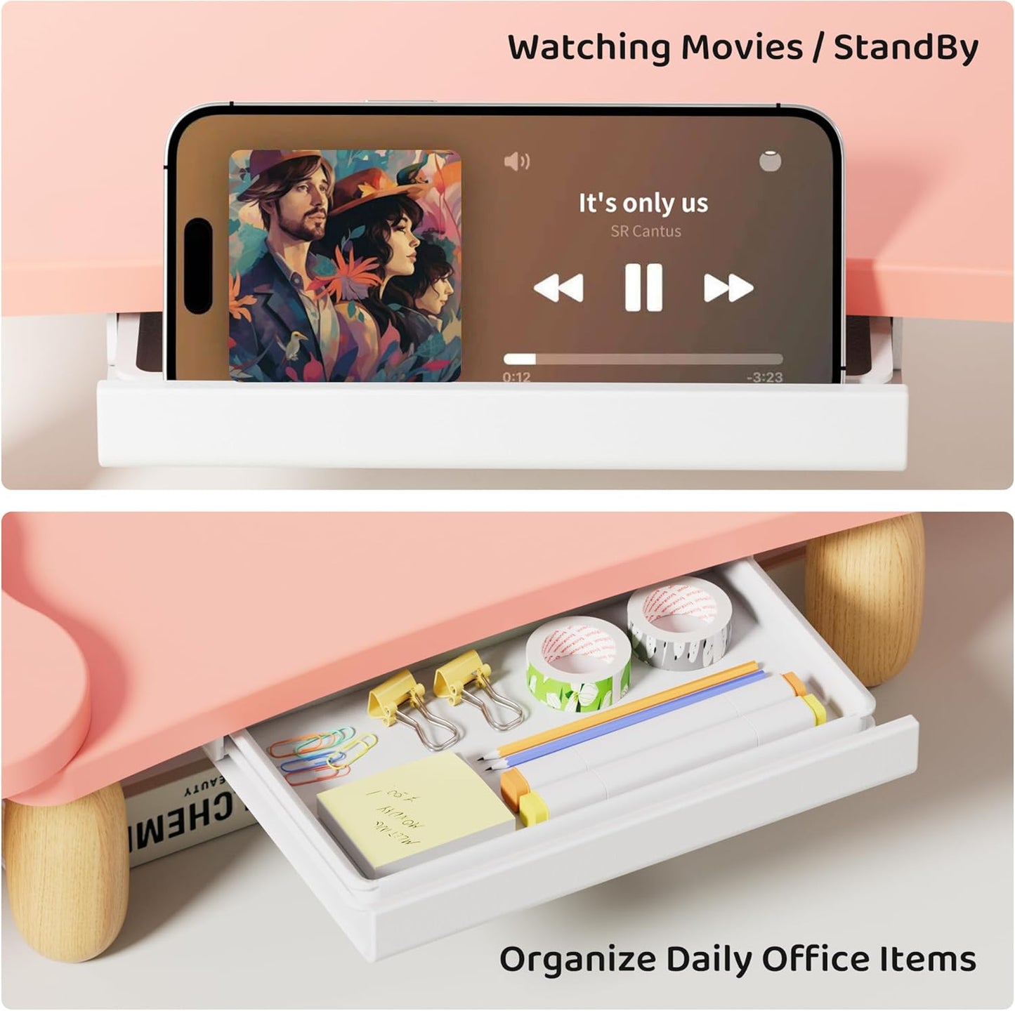 Dual Monitor Riser - Cookie-Shaped Adjustable Length & Swivel Angle, Wooden Desktop Organizer for 2 Monitors, Stand With Drawer for Laptop, PC, Computer, Printer, Pink