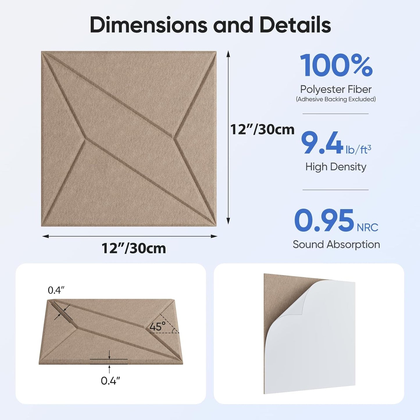 12 Pack 12" X 12" X 0.4" Acoustic Panels for Wall Sound Absorbing, P-Stripes Square Self-Adhesive Sound Panels, High Density Suitable for Multiple Scenarios(Dark Camel)