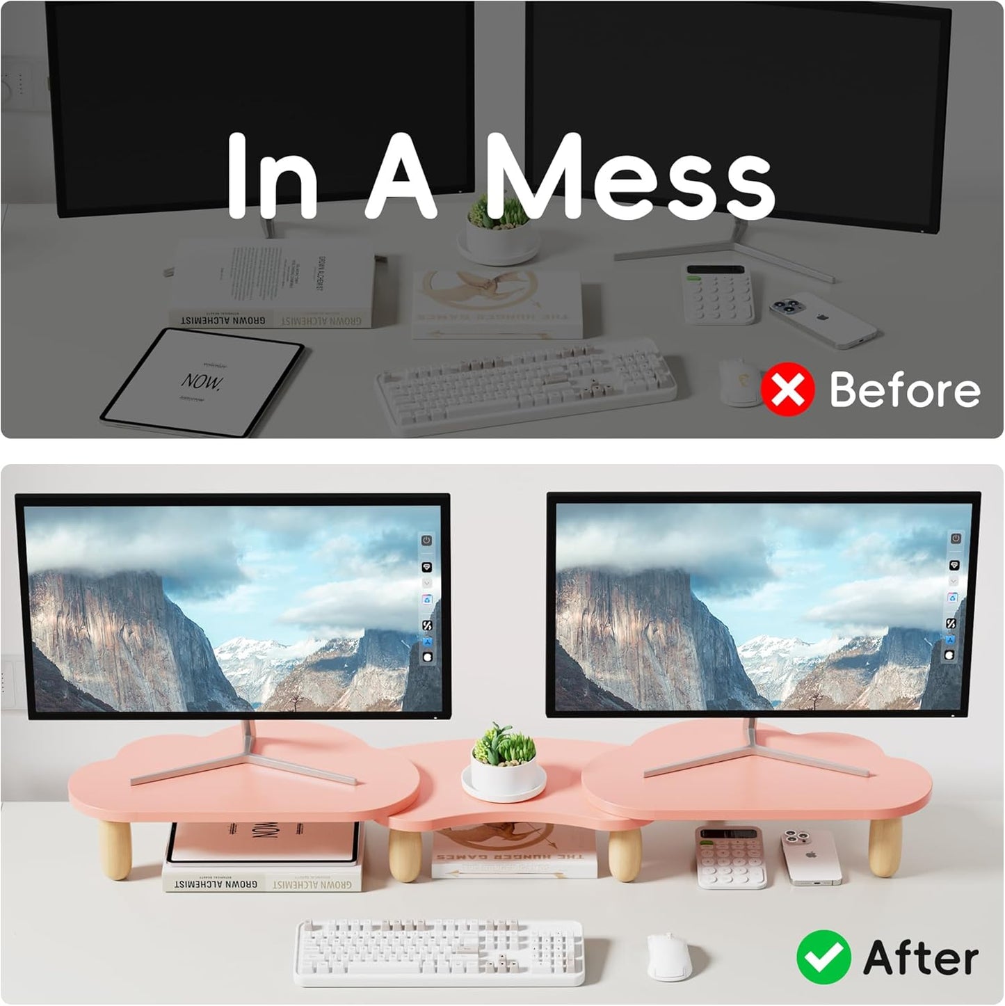 Dual Monitor Stand Riser, Adjustable Rainbow Cloud Desktop Organizer for 2 Monitors, Flexible Length & Angle Computer Stand for Laptop, PC, Printer, Home Office Use - Pink