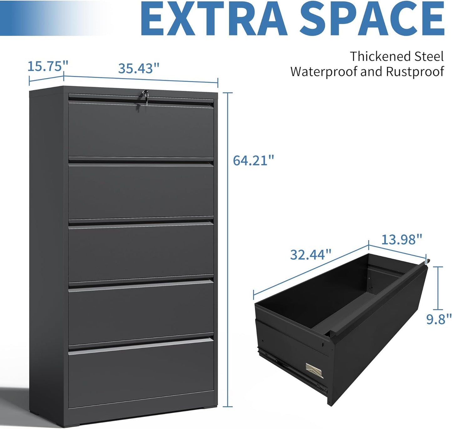 File Cabinets 5 Drawer,Metal Office Storage Filing Cabinet with Lock,Black Lateral Filing Cabinet for Home Office,Horizontal Locking File Cabinets for Legal/Letter/A4,Assembly Require,Black