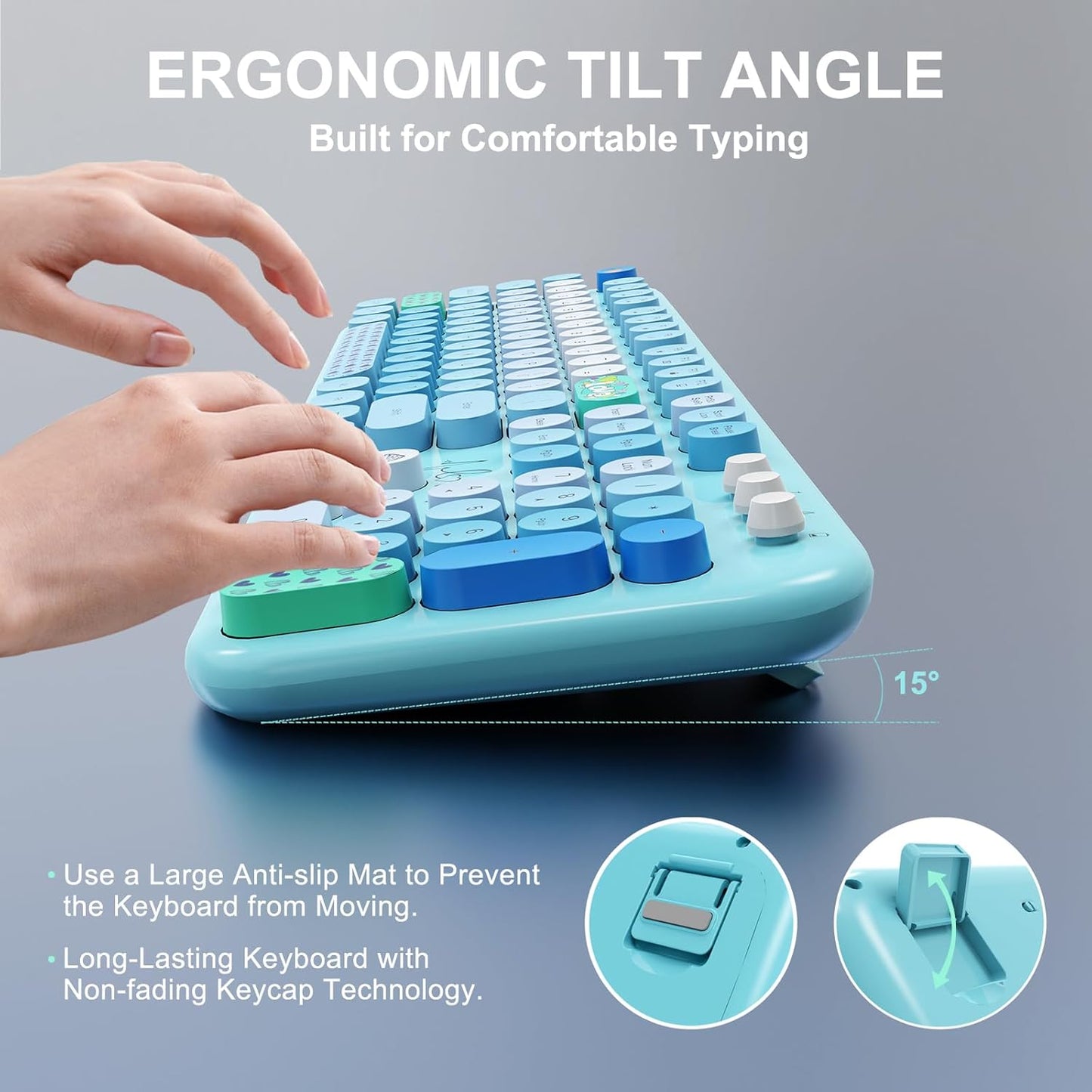 FOPETT Wireless Keyboard and Mouse Combo - 2.4G Full-Sized Cute Colorful Retro Keyboard with Round Keycaps 104 Keys Typewriter Keyboard for Laptop/Windows/PC-Blue Colorful