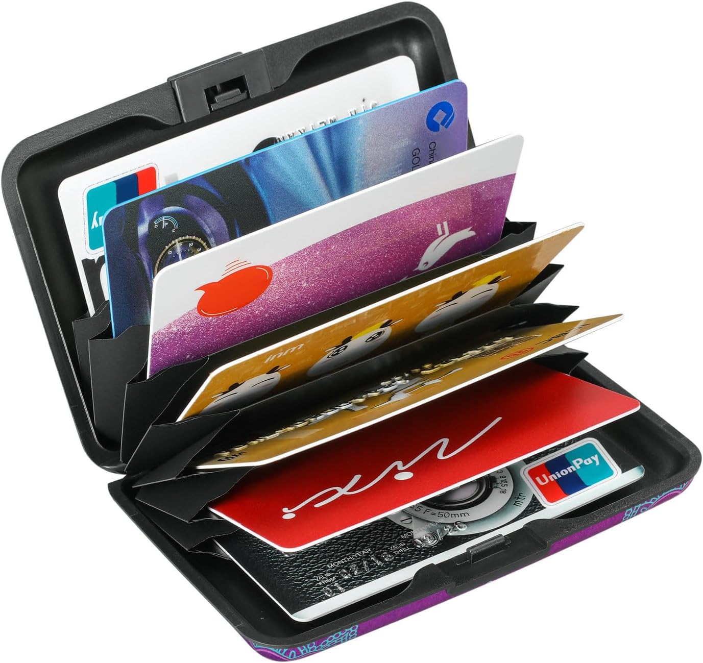 ELFISH Mini RFID Aluminum Wallet Credit Cards Holder Business Card Case Metal ID Case for Men Women (Purple flower)