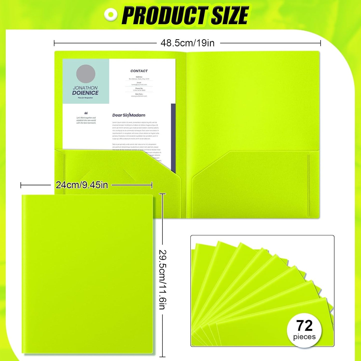 Gueevin 72 Pcs Two Pocket Folders Bulk Plastic File Folder with 2 Pockets Letter Size Paper Heavy Duty Durable Portfolios Case for Home Office School Business 11.61 x 9.45 Inch (Fluorescent Green)