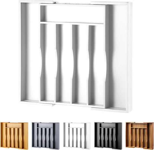 Expandable Bamboo Kitchen Drawer Organizer for Cutlery and Utensils, Adjustable Bamboo Wood Cutlery Tray in Drawer for Flatware and Silverware in Kitchen, (White)