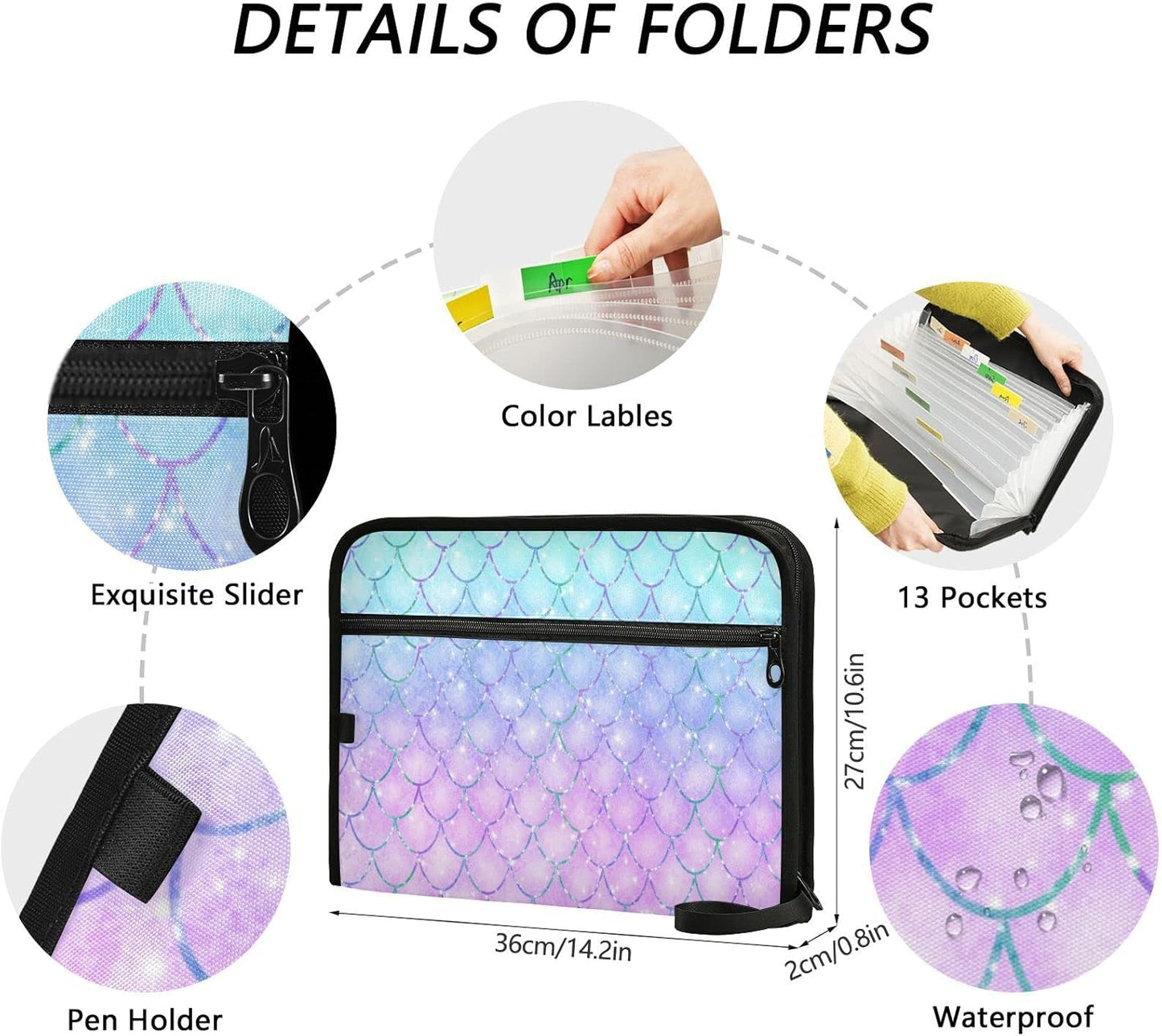 Gredecor Pink Blue Mermaid Scales Expanding File Folder 13 Pockets Magic Glitter Shimmer Expandable Filing Folders Accordion Document Files Organizer for A4 Letter Size Paper