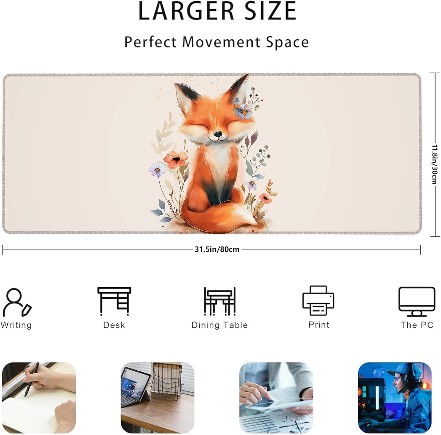 Fox Gaming Mouse Pad Gifts 31.5" x 11.8", Non-Slip Rubber Base MousePads for Computers Laptop School Office Home Accessories Decor, Mouse Pad, Keyboard Desk Mat