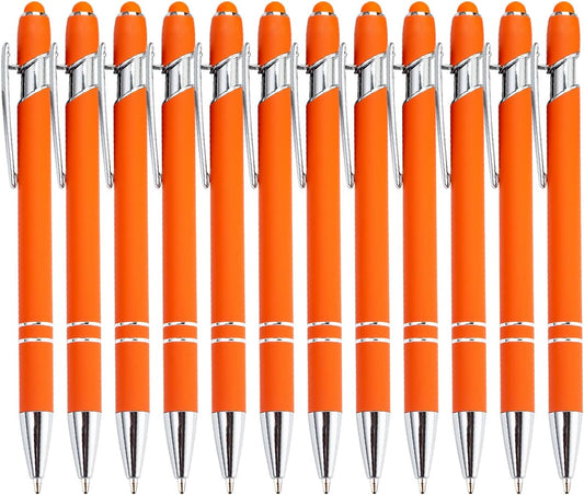 Pasisibick 12-Pack Orange Ballpoint Pens with Stylus Tip - 2 in 1 Metal Stylus, 1.0 mm Medium Point, Smooth Pen for Touch Screen Tablet