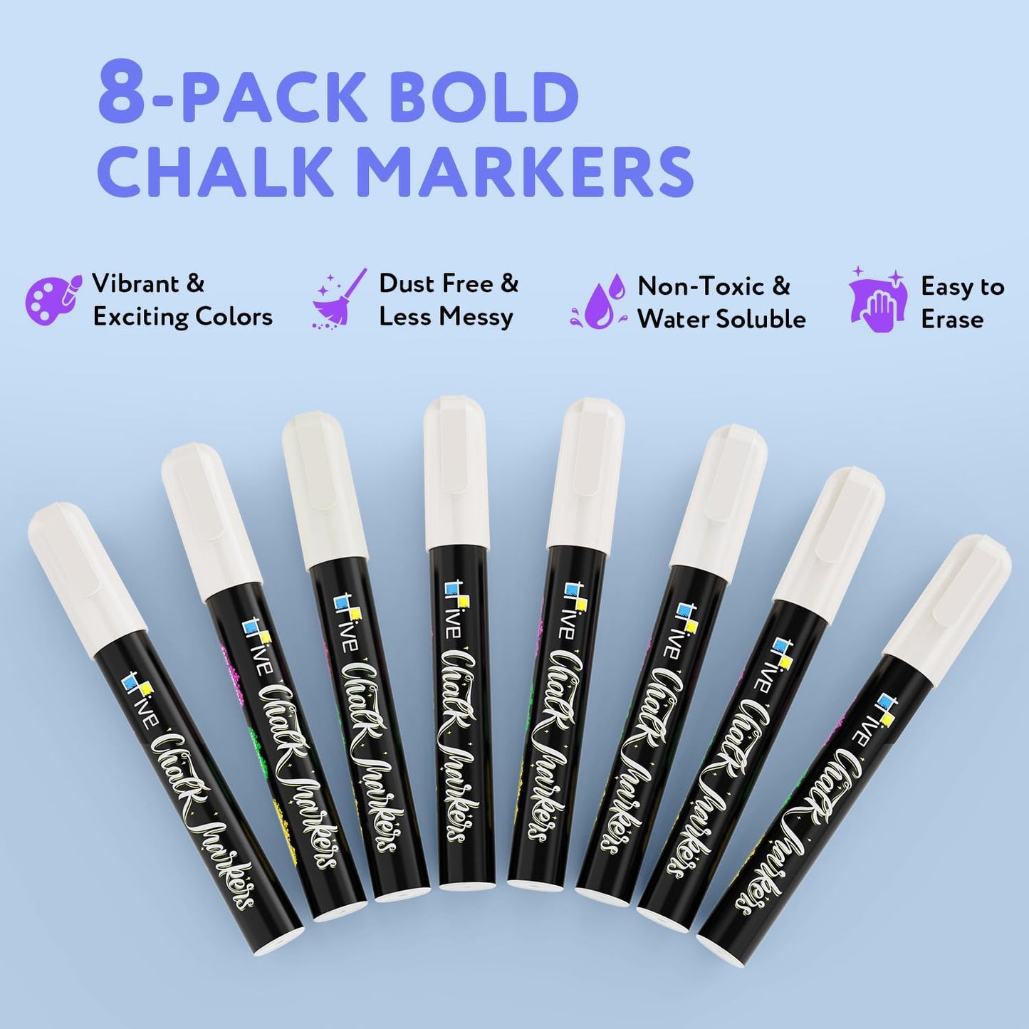 TFIVE White Chalk Markers - Dry & Wet Erase Marker Pens for Chalkboards, Signs, Windows, Blackboard, Glass, Mirrors, Liquid chalkboard markers with Reversible Tip and 24 Labels(8 Pack)