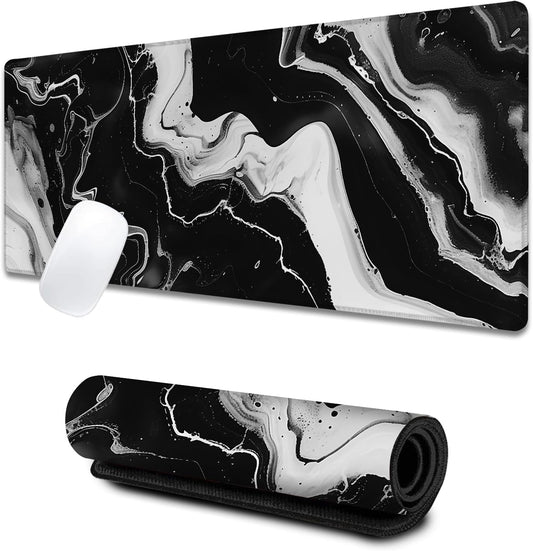Marble Large Gaming Desk Mat,Rubber Non-Slip Black and White Mouse Pad,31.5x11.8x0.12in Extended Abstract Mousepad,Game Lover Mice Pads Gifts,Office Home Deskmat Decor