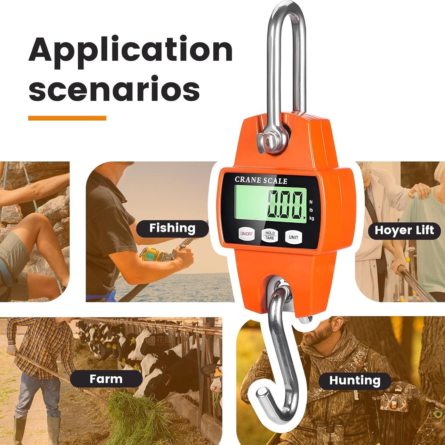 Digital Hanging Scale, 1102lb Crane Scale, 500kg Orange Digital Electronic Weighing Scale with LCD Display for Hunting, Outdoor, Bass Fishing, Big Game, Farm